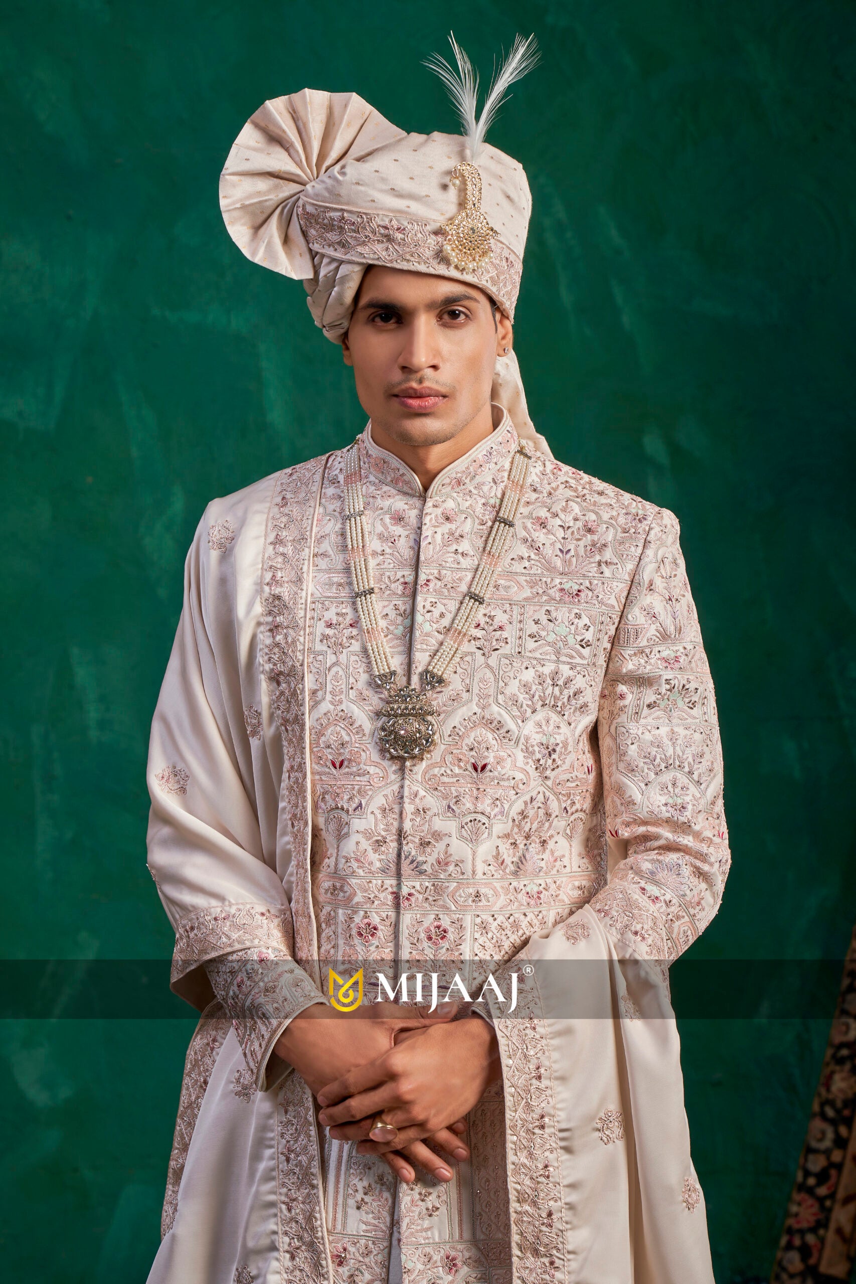 Pearl White Handcrafted Heritage Sherwani for Groom