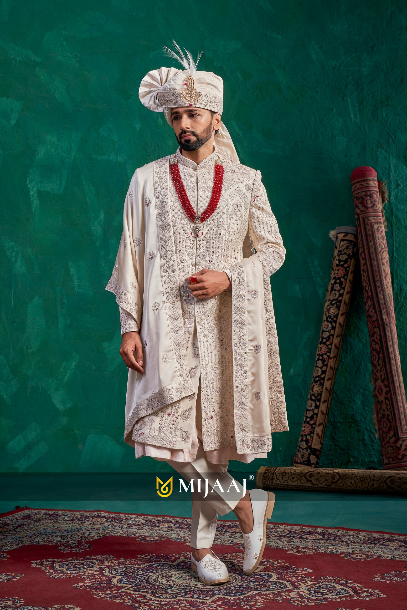 Water Peach Groom Sherwani with Maroon Touch-Up – Perfect Match for Red & Maroon Bridal Lehenga