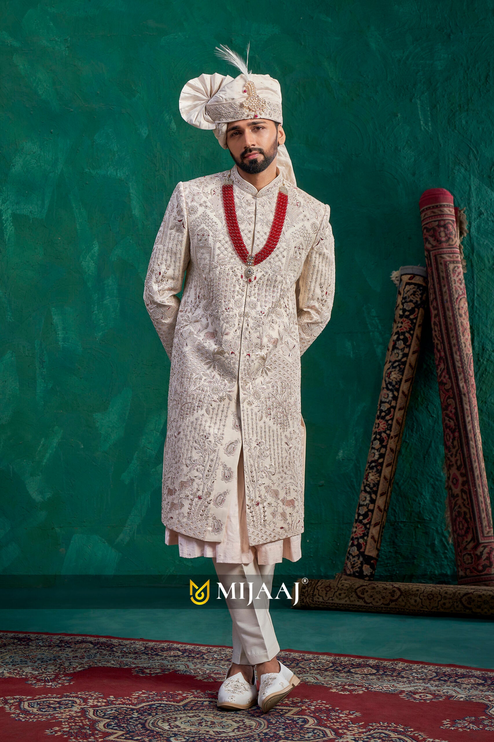 Water Peach Groom Sherwani with Maroon Touch-Up – Perfect Match for Red & Maroon Bridal Lehenga