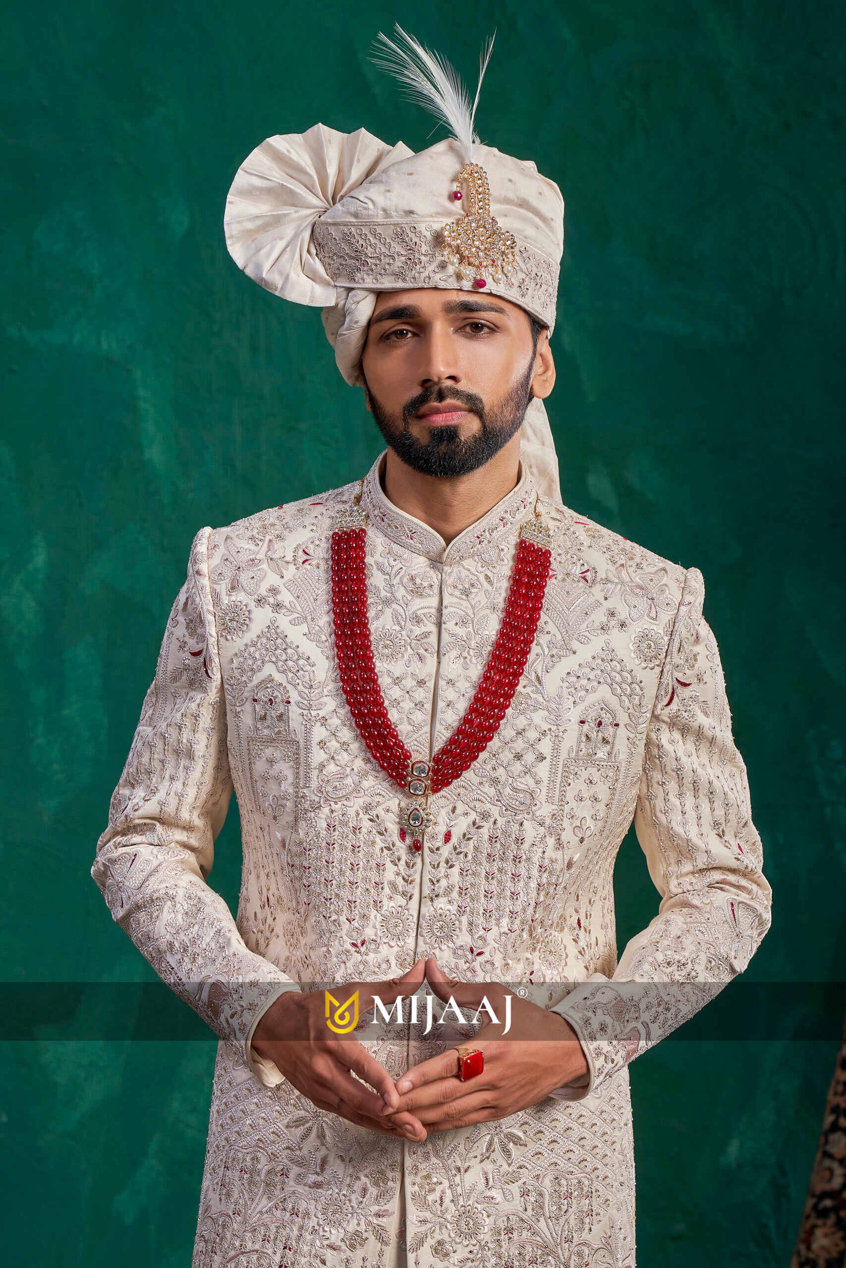 Water Peach Groom Sherwani with Maroon Touch-Up – Perfect Match for Red & Maroon Bridal Lehenga