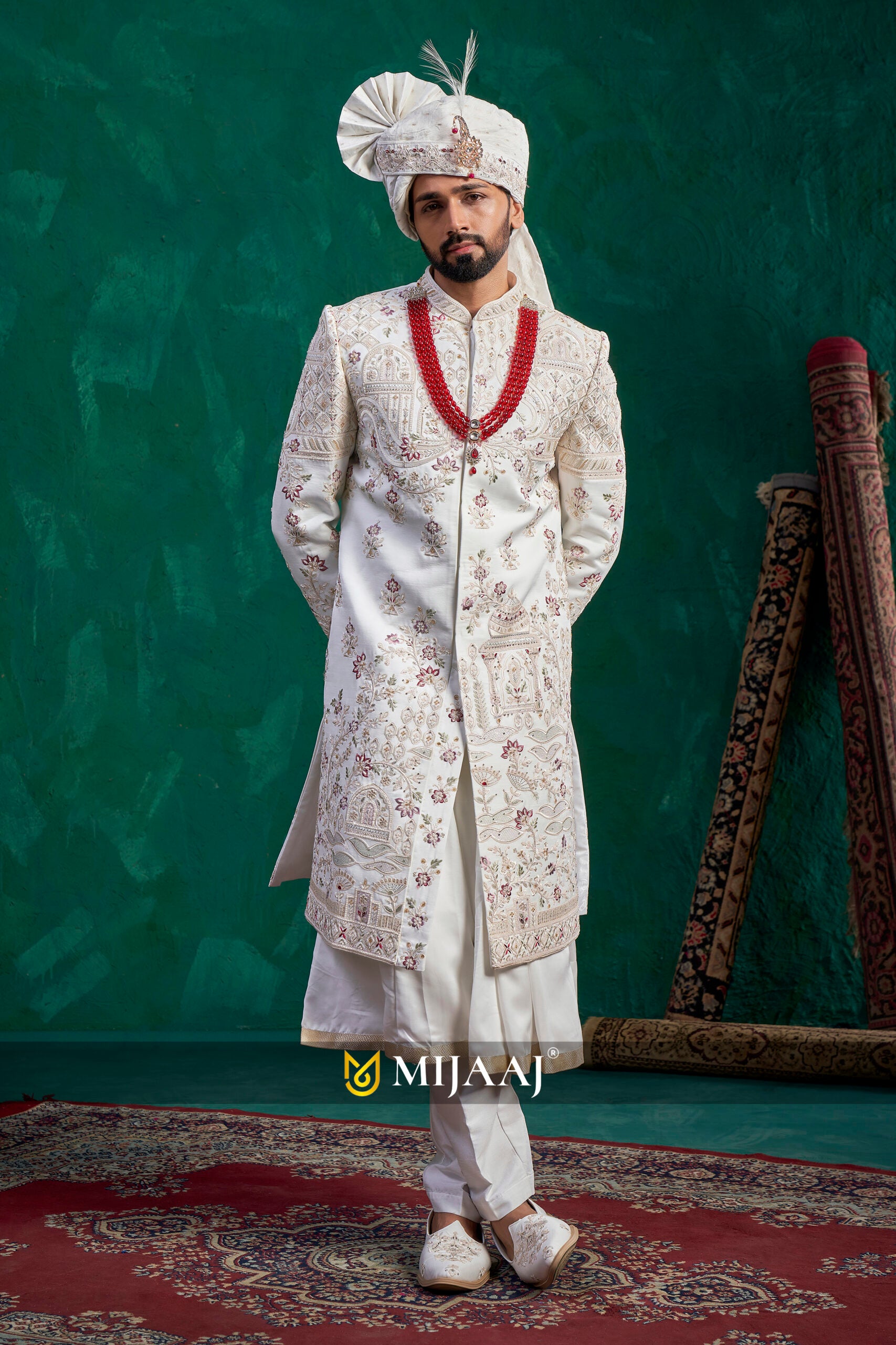 Royal Cream floral Handcrafted Groom wedding sherwani perfect match for Pink/Magenta Bridal Lehenga
