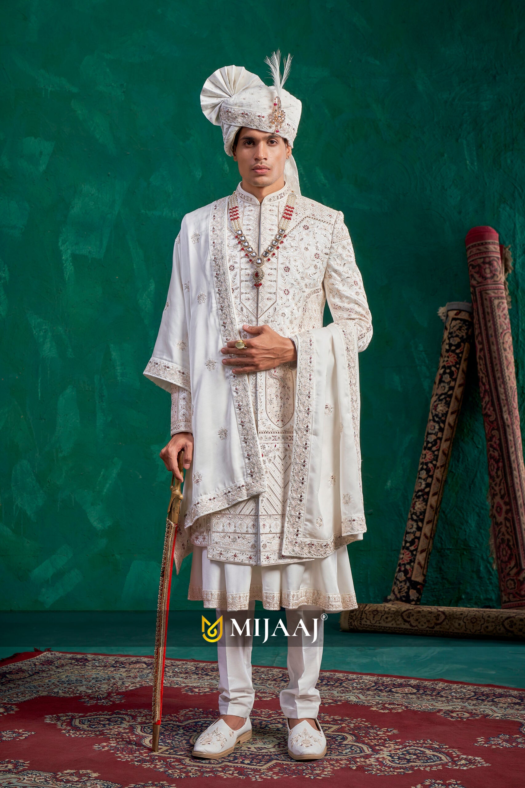 Latest 2026 Groom Sherwani in Cream Color That Complements Red, Maroon, Rani Pink Bridal Lehenga