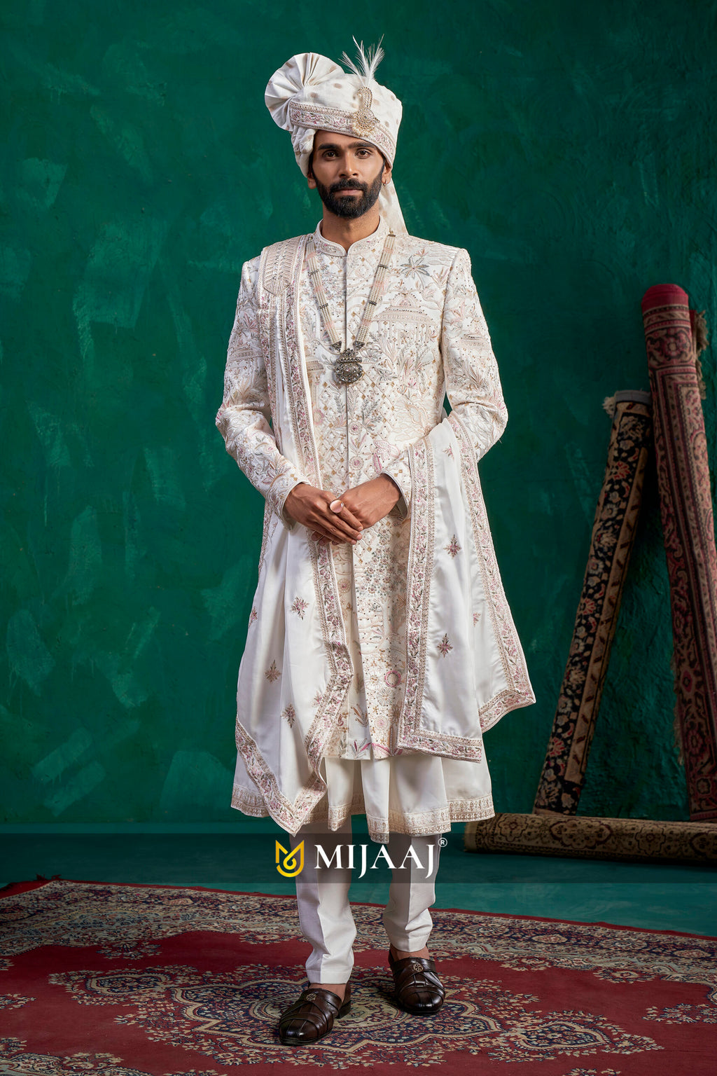 Latest 2026 Elegant Cream Groom Sherwani with Peacock Design – Ideal Pairing for Red, Maroon, Pink & Pastel Bridal Lehengas