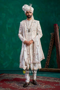 Latest 2026 Elegant Cream Groom Sherwani with Peacock Design – Ideal Pairing for Red, Maroon, Pink & Pastel Bridal Lehengas
