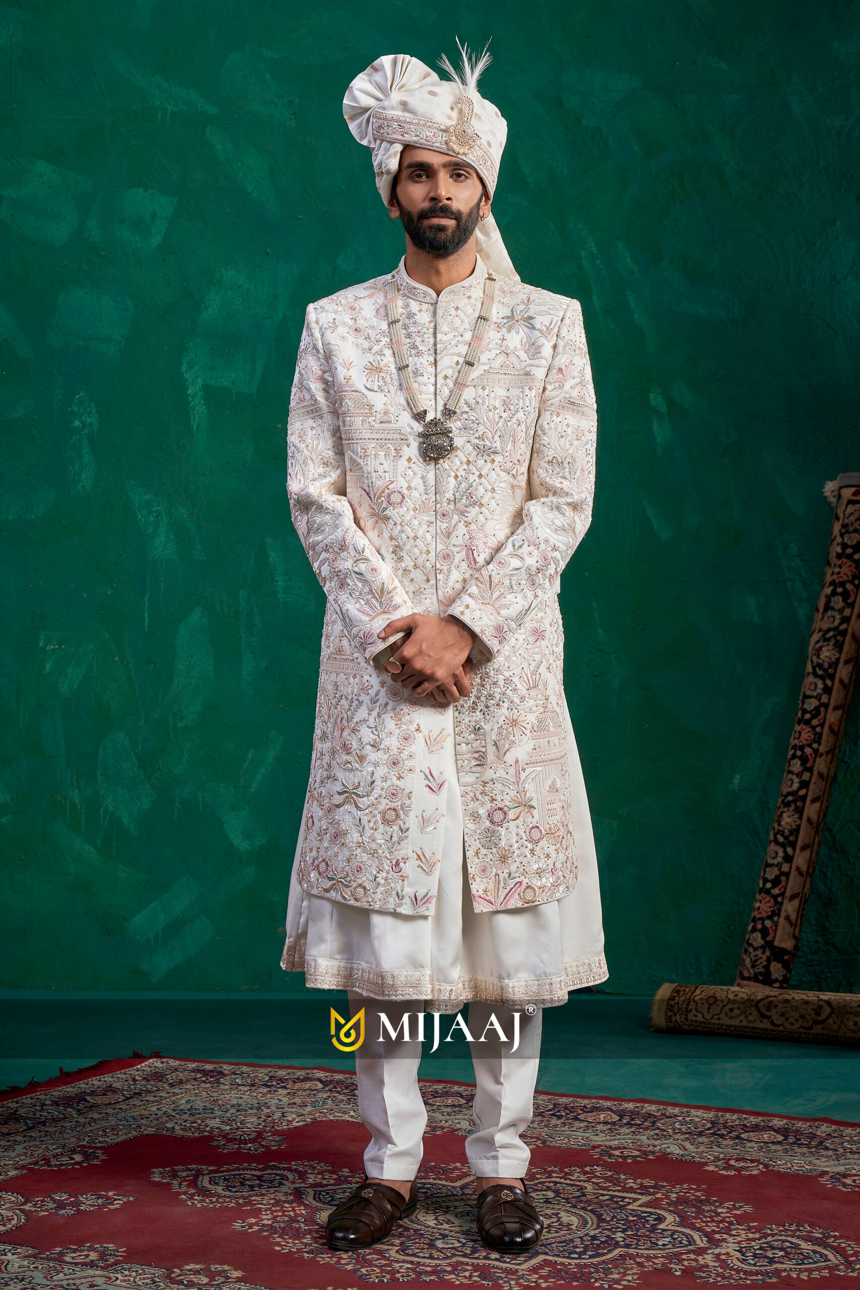 Latest 2026 Elegant Cream Groom Sherwani with Peacock Design – Ideal Pairing for Red, Maroon, Pink & Pastel Bridal Lehengas