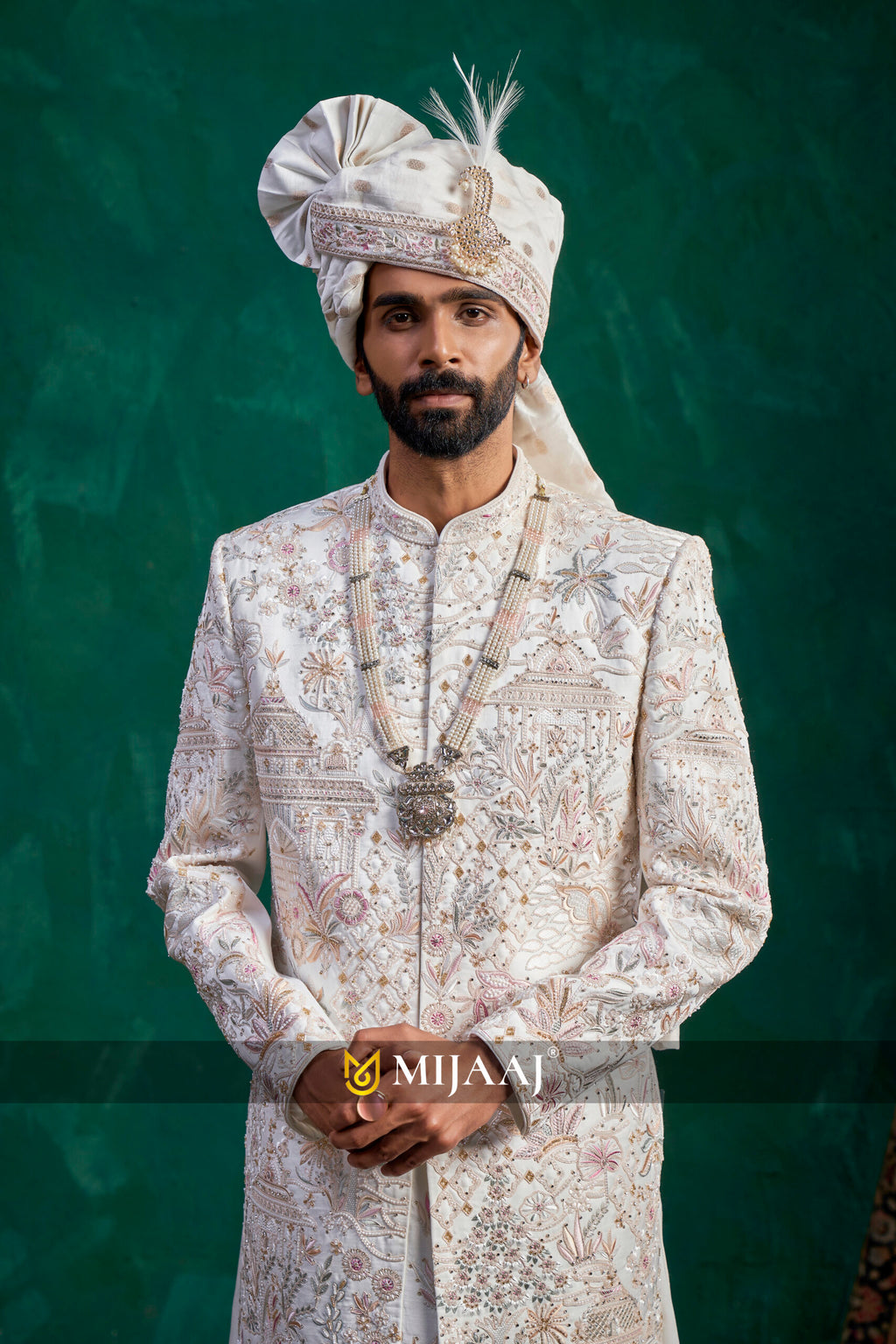 Latest 2026 Elegant Cream Groom Sherwani with Peacock Design – Ideal Pairing for Red, Maroon, Pink & Pastel Bridal Lehengas