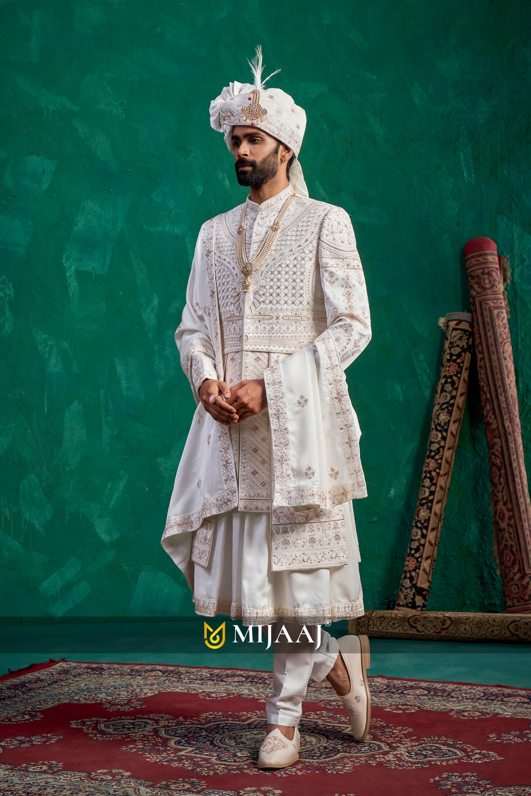 2026 Trendsetting Cream–Ivory White Silk Groom Sherwani – Resham Embroidery, Designed for Red/Maroon Bridal Lehenga
