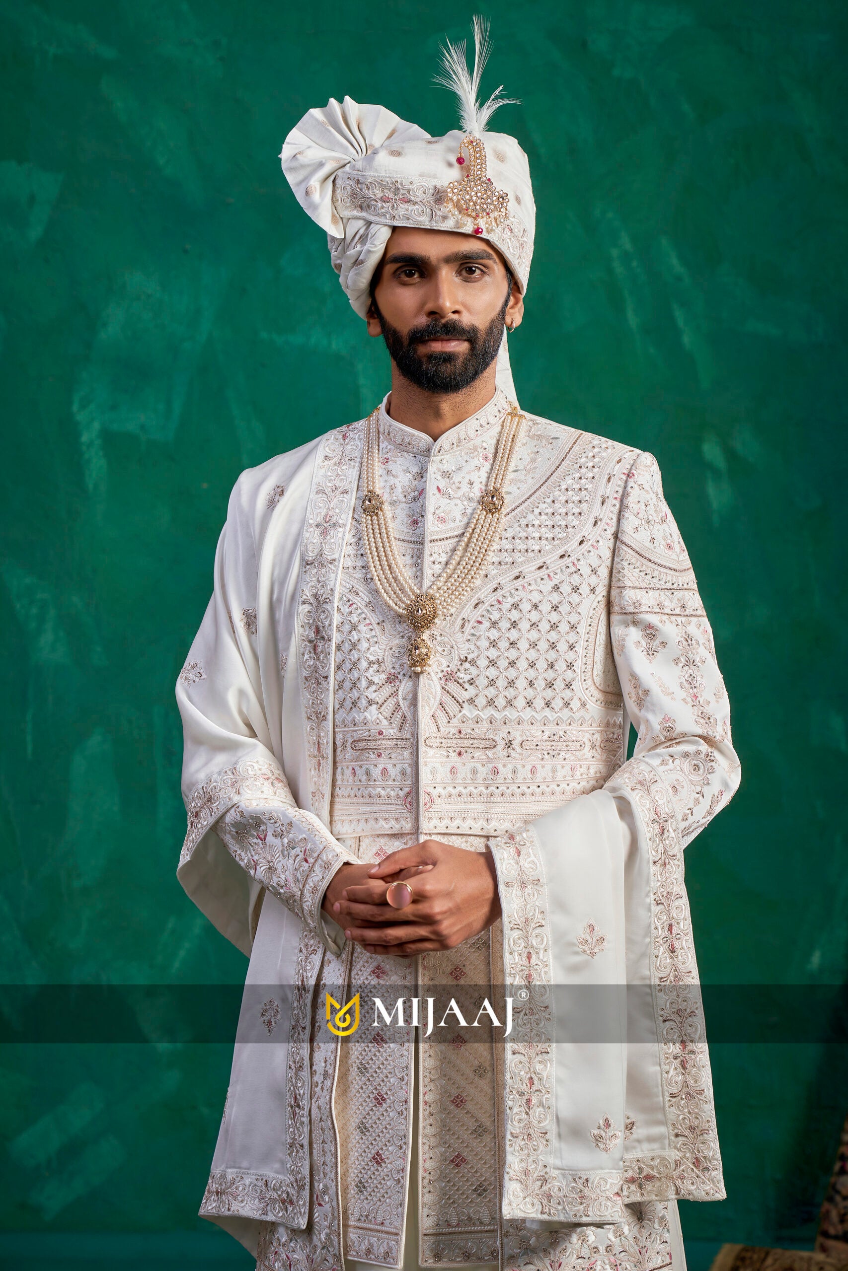 2026 Trendsetting Cream–Ivory White Silk Groom Sherwani – Resham Embroidery, Designed for Red/Maroon Bridal Lehenga