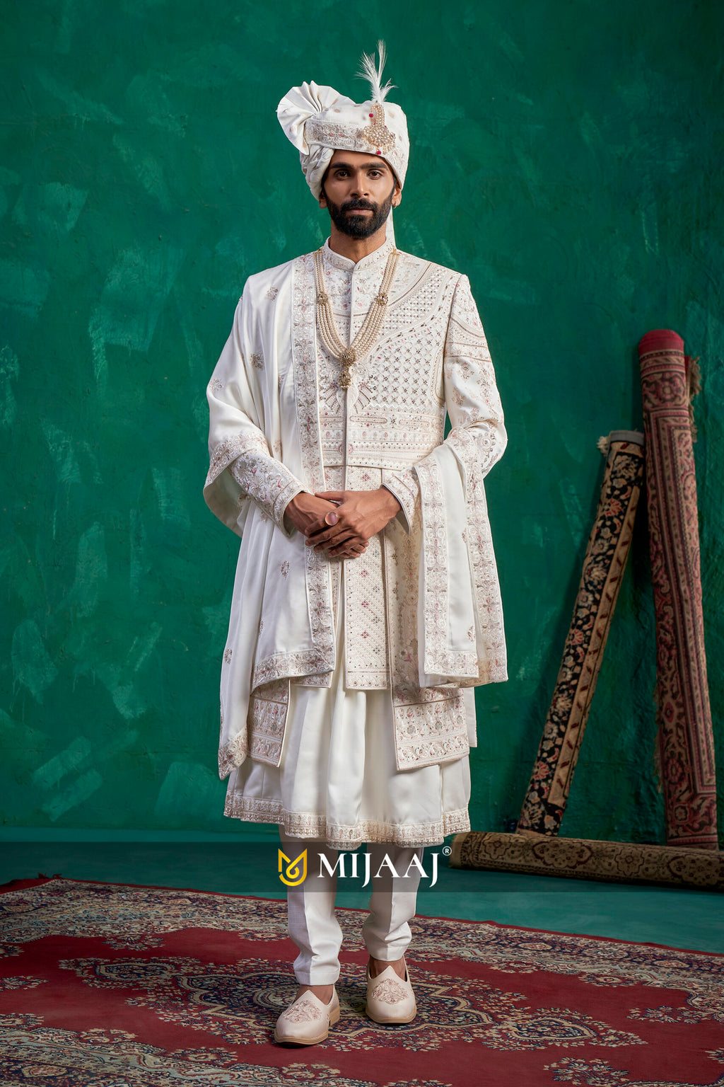 2026 Trendsetting Cream–Ivory White Silk Groom Sherwani – Resham Embroidery, Designed for Red/Maroon Bridal Lehenga