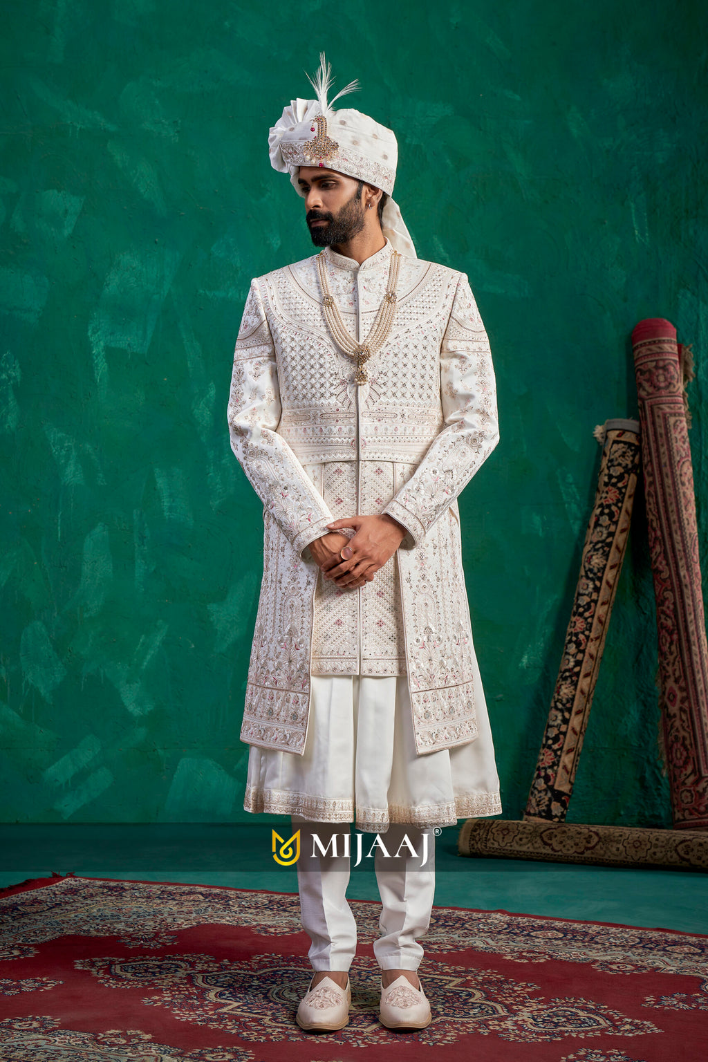 2026 Trendsetting Cream–Ivory White Silk Groom Sherwani – Resham Embroidery, Designed for Red/Maroon Bridal Lehenga