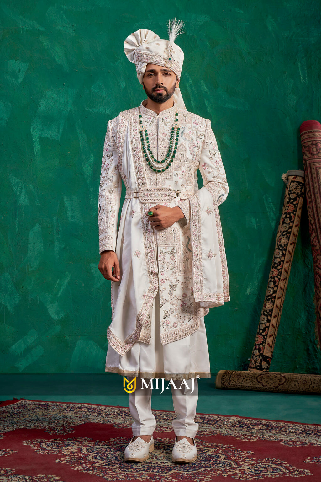 Pearl Ivory Floral Zari-Work Sherwani