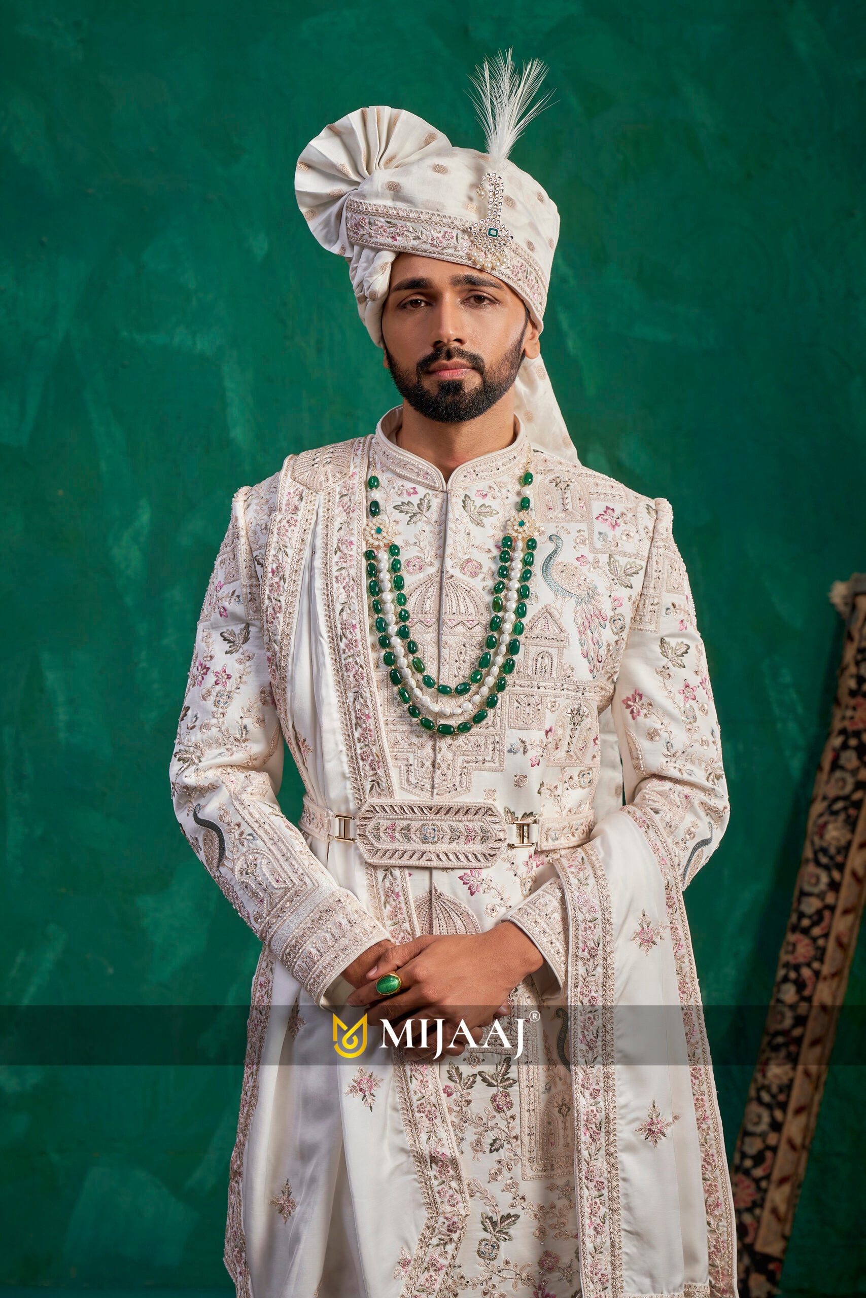 Pearl Ivory Floral Zari-Work Sherwani