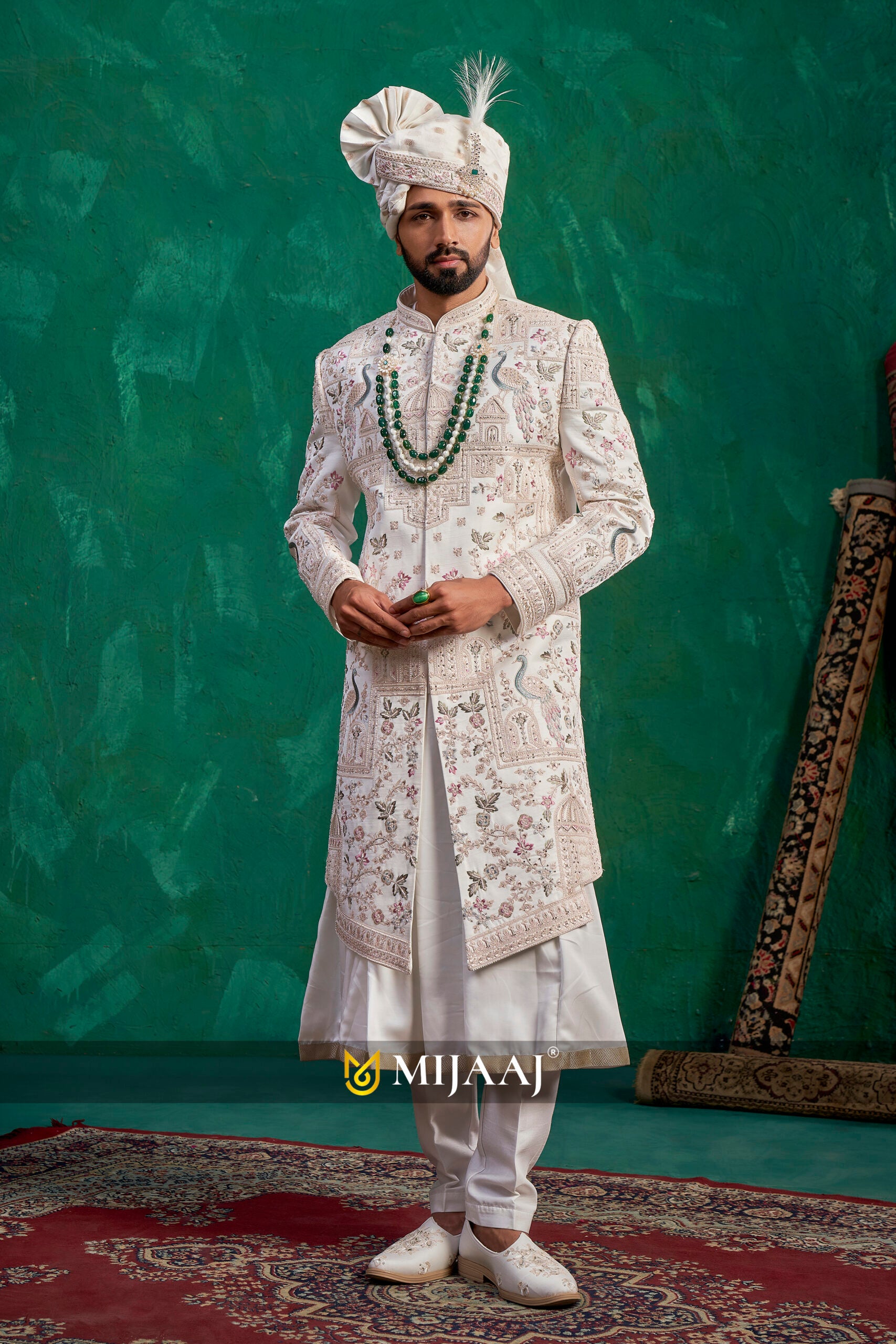 Pearl Ivory Floral Zari-Work Sherwani