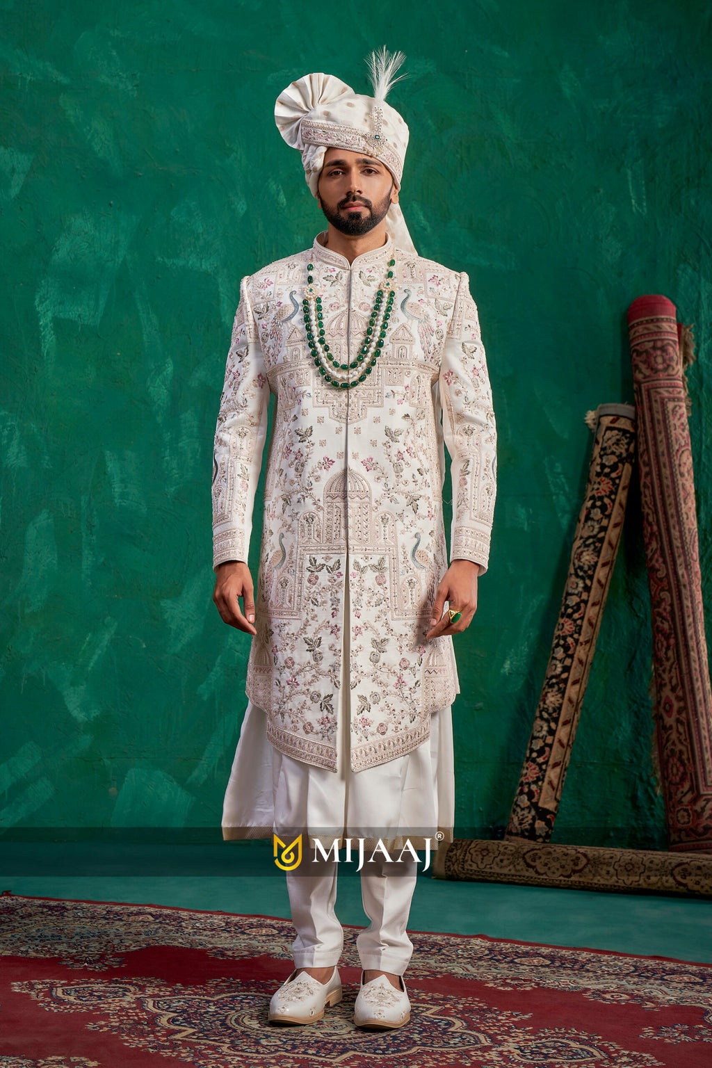 Pearl Ivory Floral Zari-Work Sherwani