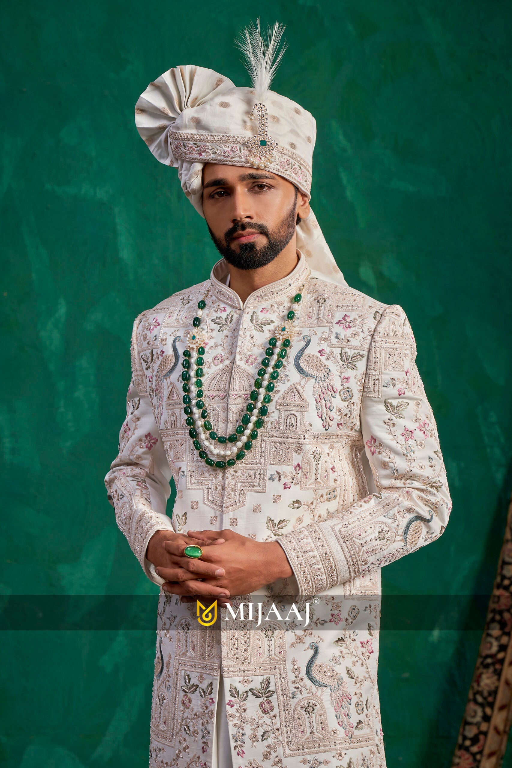 Pearl Ivory Floral Zari-Work Sherwani