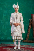 2026 Latest Ivory Floral Embroidered Sherwani with Light Pink & Green Hues – Complements Red, Maroon & Pastel Bridal Lehenga