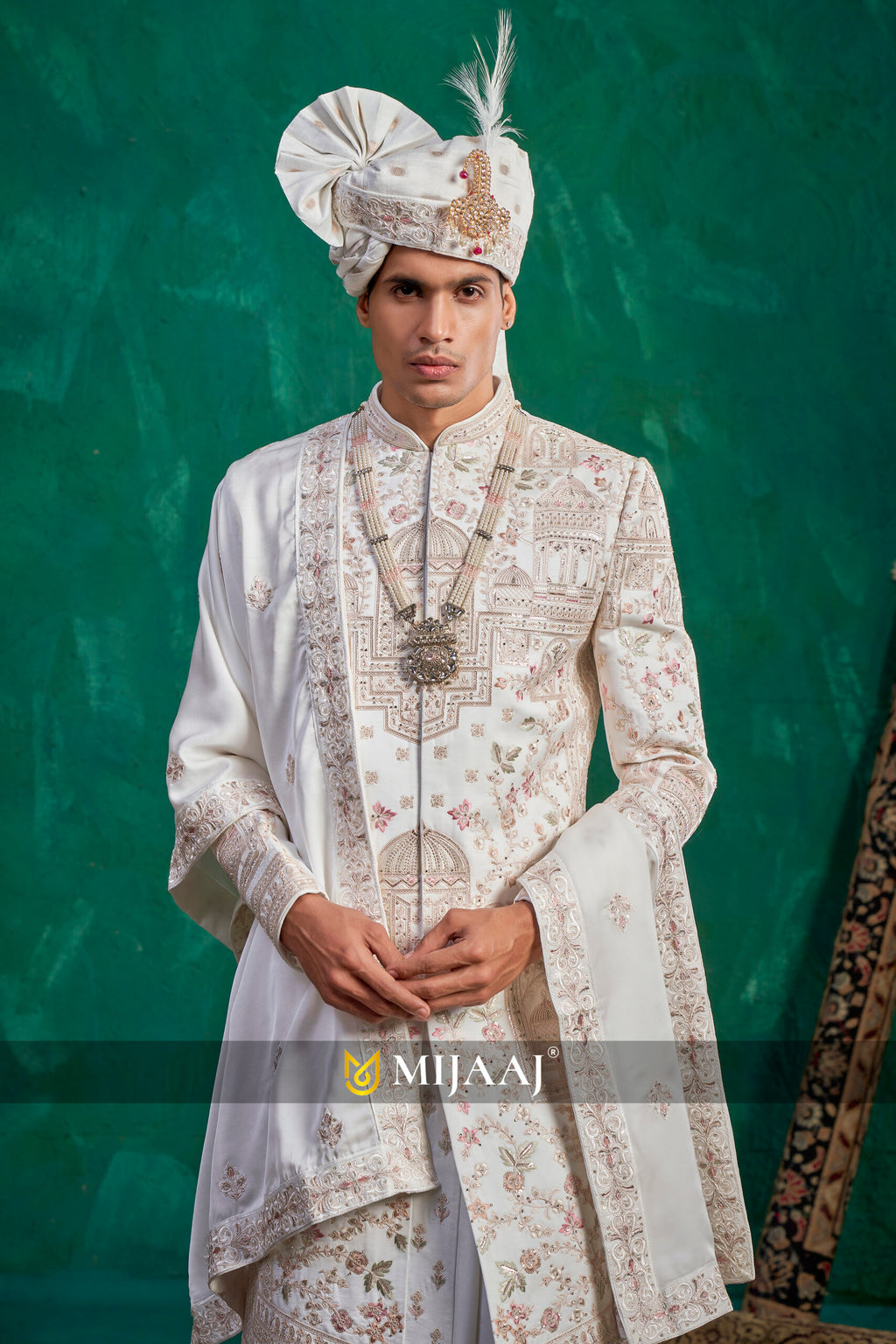 2026 Latest Ivory Floral Embroidered Sherwani with Light Pink & Green Hues – Complements Red, Maroon & Pastel Bridal Lehenga