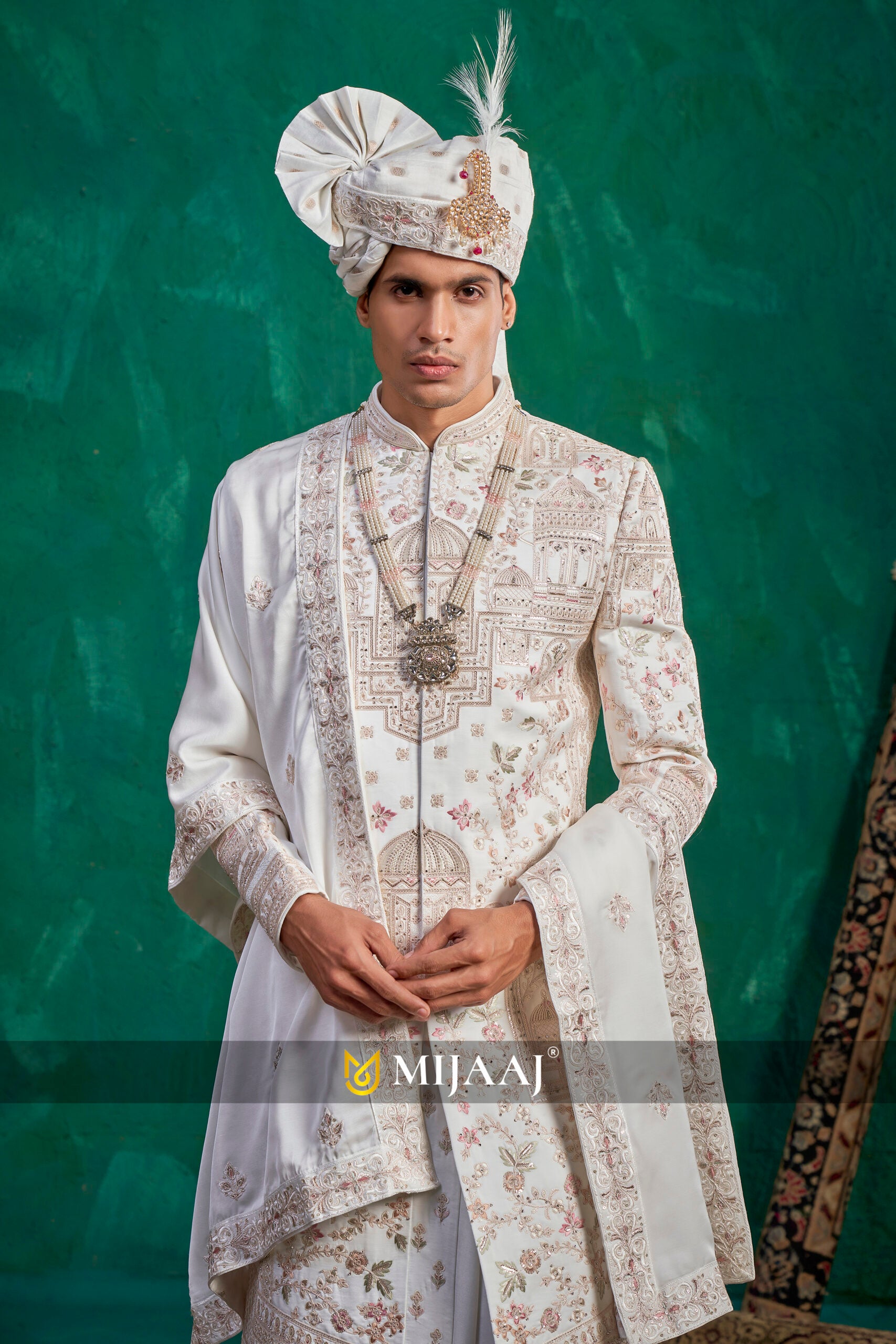 2026 Latest Ivory Floral Embroidered Sherwani with Light Pink & Green Hues – Complements Red, Maroon & Pastel Bridal Lehenga