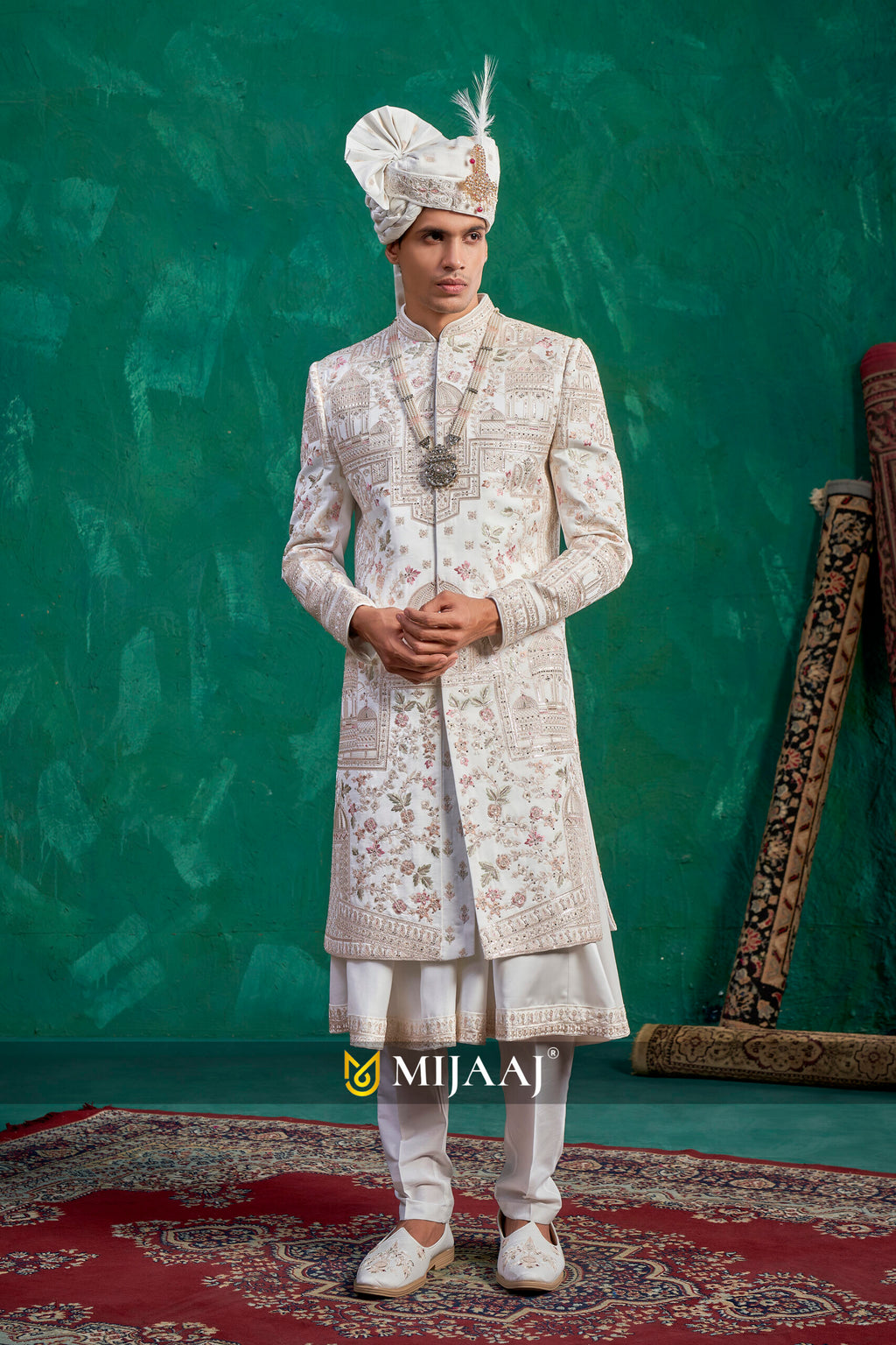 2026 Latest Ivory Floral Embroidered Sherwani with Light Pink & Green Hues – Complements Red, Maroon & Pastel Bridal Lehenga