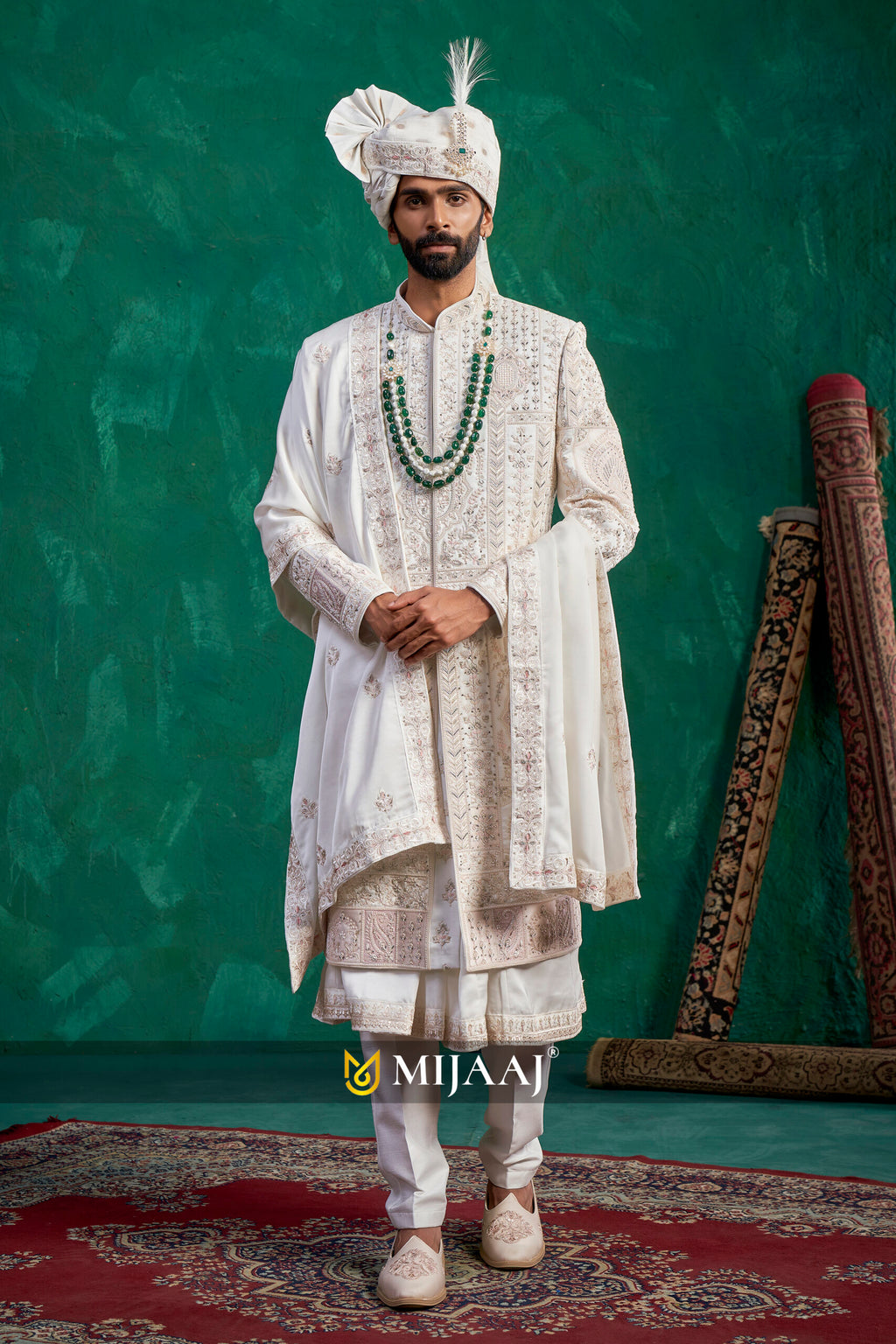 Designer Cream–Ivory White Silk Groom Sherwani for 2026 – Featuring Cutdana & Resham Embroidery, Ideal for Red/Maroon Bridal Lehenga