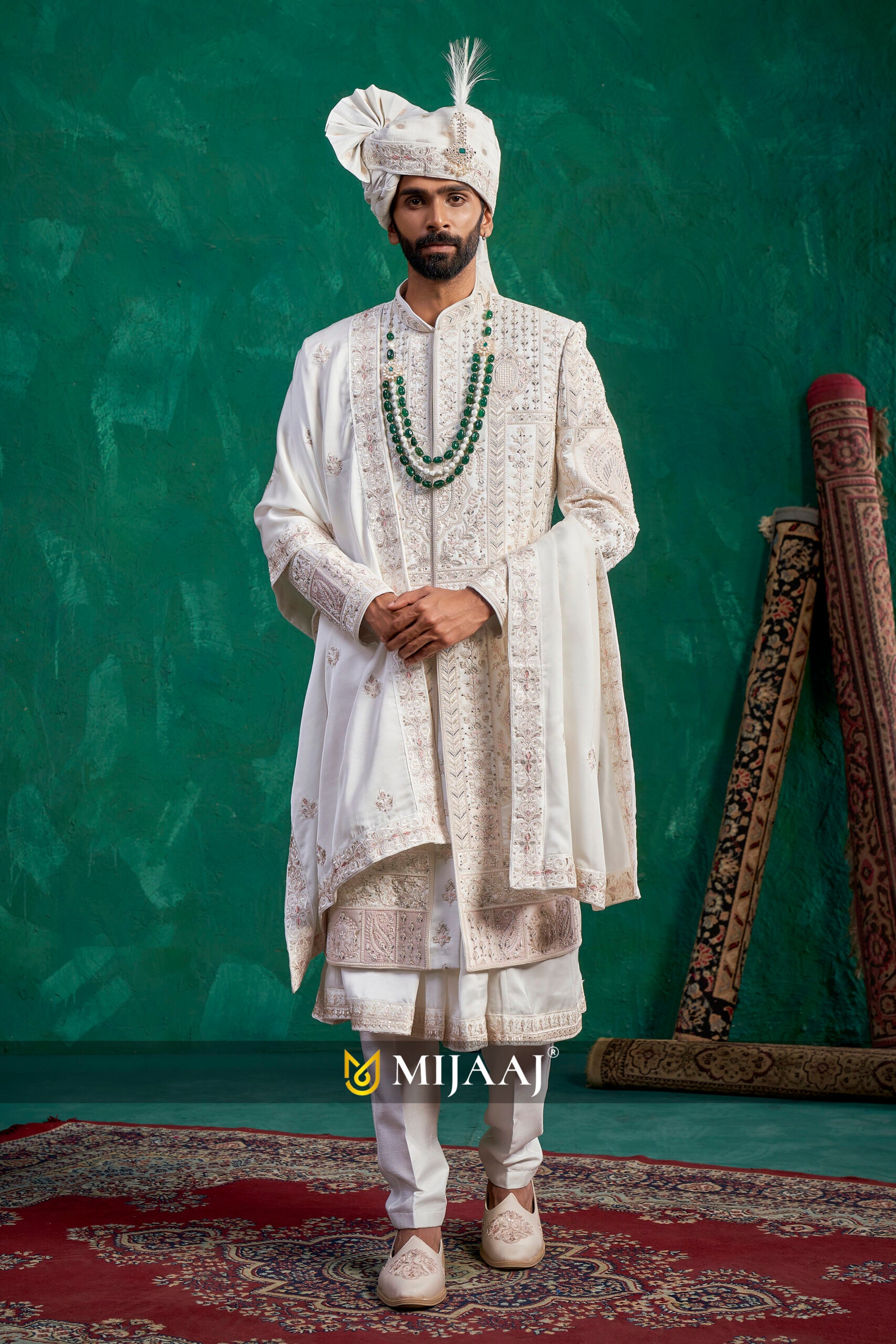 Designer Cream–Ivory White Silk Groom Sherwani for 2026 – Featuring Cutdana & Resham Embroidery, Ideal for Red/Maroon Bridal Lehenga