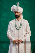 Designer Cream–Ivory White Silk Groom Sherwani for 2026 – Featuring Cutdana & Resham Embroidery, Ideal for Red/Maroon Bridal Lehenga