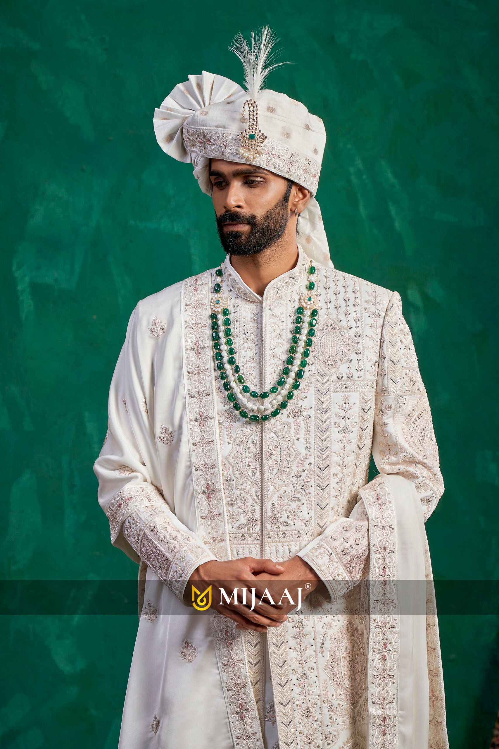 Designer Cream–Ivory White Silk Groom Sherwani for 2026 – Featuring Cutdana & Resham Embroidery, Ideal for Red/Maroon Bridal Lehenga
