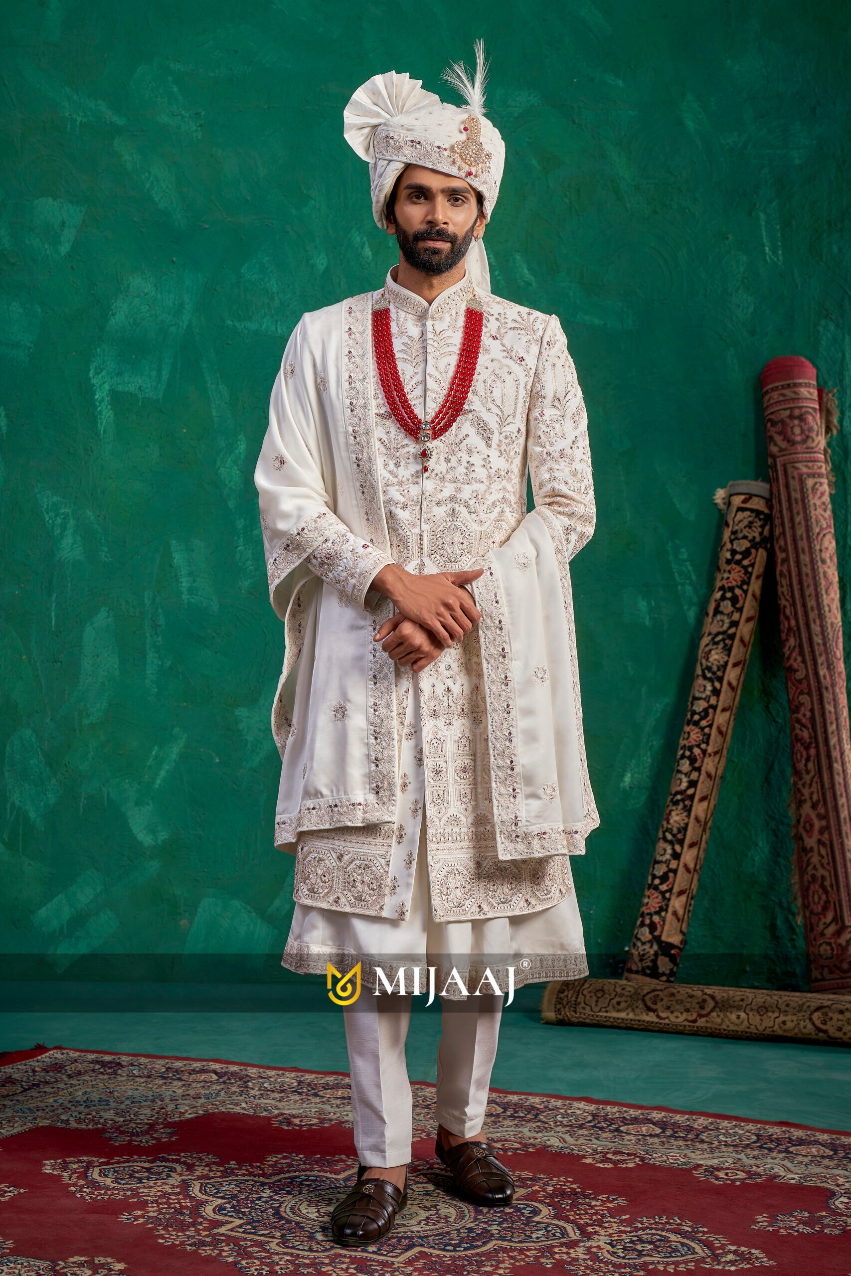Royal White Hand-Embroidered Heritage Sherwani
