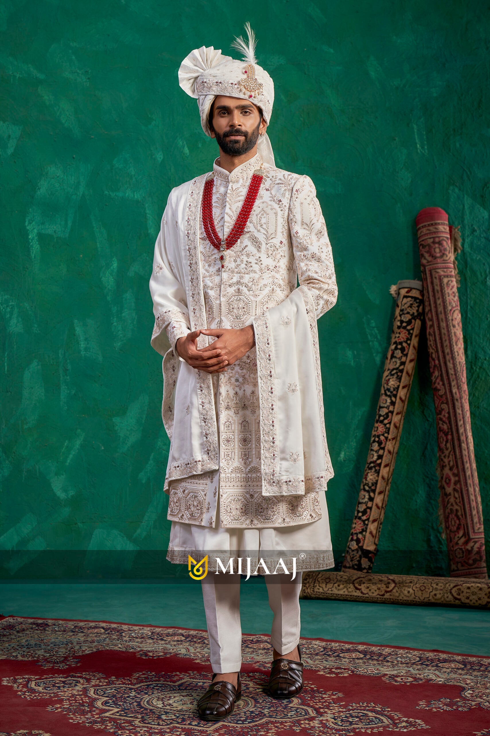 Royal White Hand-Embroidered Heritage Sherwani