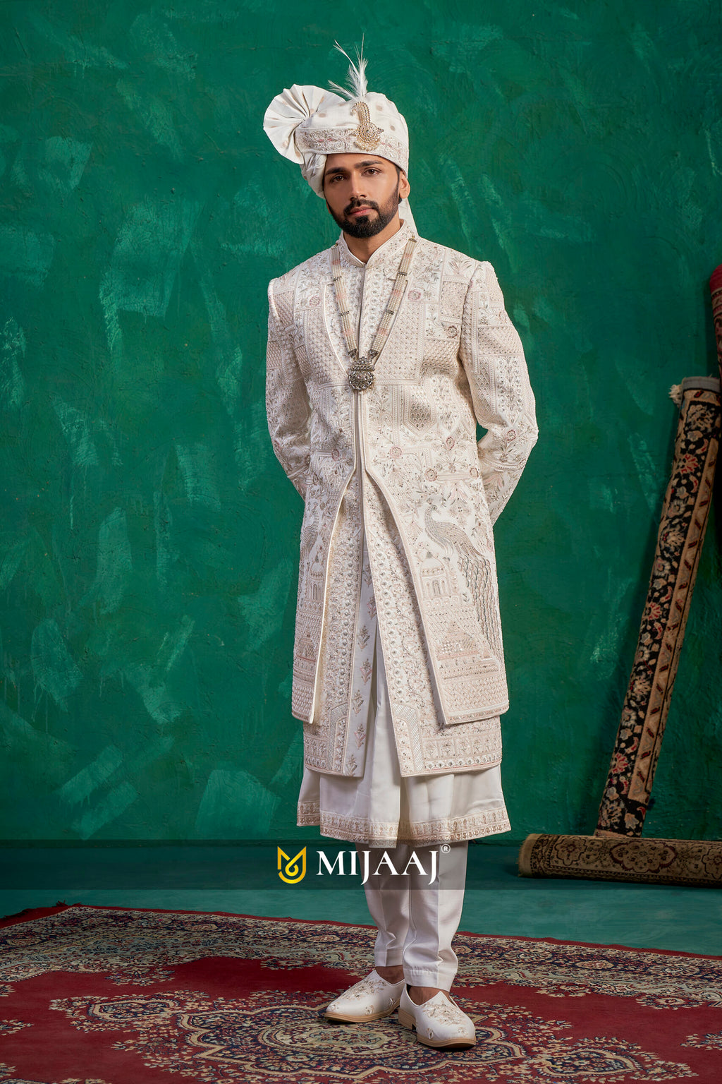 Latest 2026 Groom Sherwani in White Color That Complements Red, Maroon, Rani Pink Bridal Lehenga