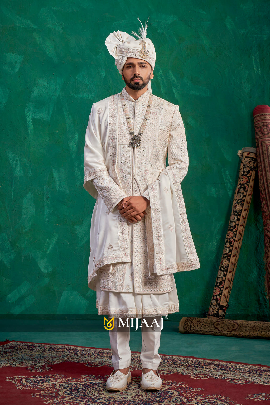 Latest 2026 Groom Sherwani in White Color That Complements Red, Maroon, Rani Pink Bridal Lehenga