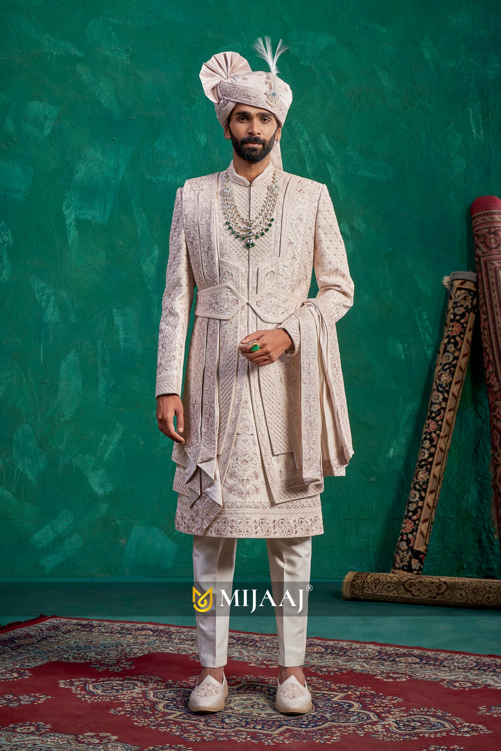 Latest Designer Ivory Layered Royal Groom Sherwani for 2026 – Featuring Embroidered Belt, Ideal for Red/Maroon/Pink/Rani Bridal Lehenga