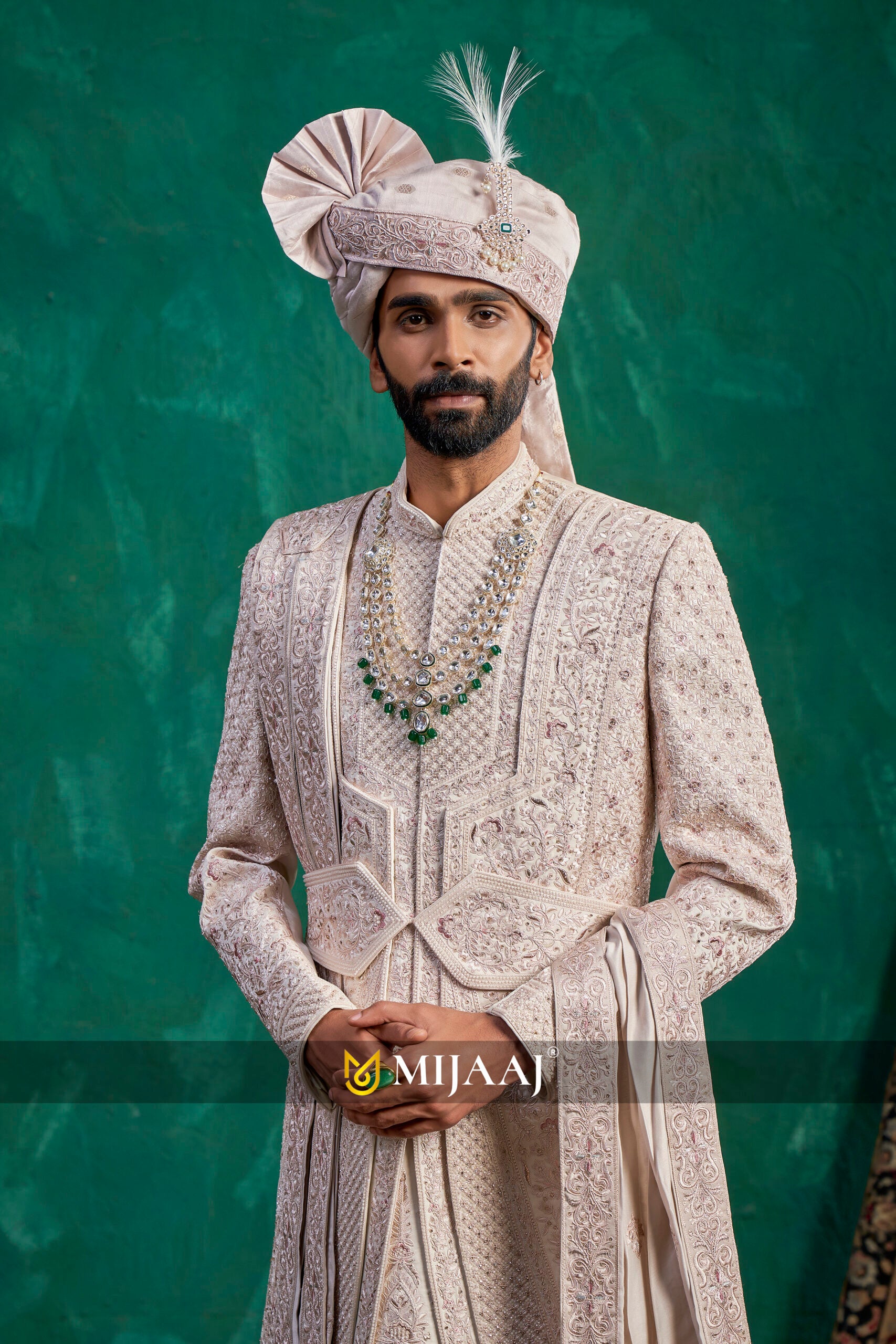 Latest Designer Ivory Layered Royal Groom Sherwani for 2026 – Featuring Embroidered Belt, Ideal for Red/Maroon/Pink/Rani Bridal Lehenga