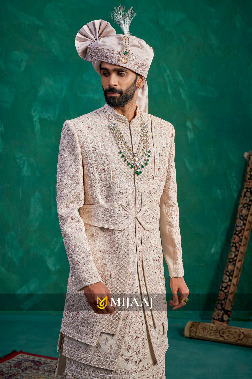 Latest Designer Ivory Layered Royal Groom Sherwani for 2026 – Featuring Embroidered Belt, Ideal for Red/Maroon/Pink/Rani Bridal Lehenga