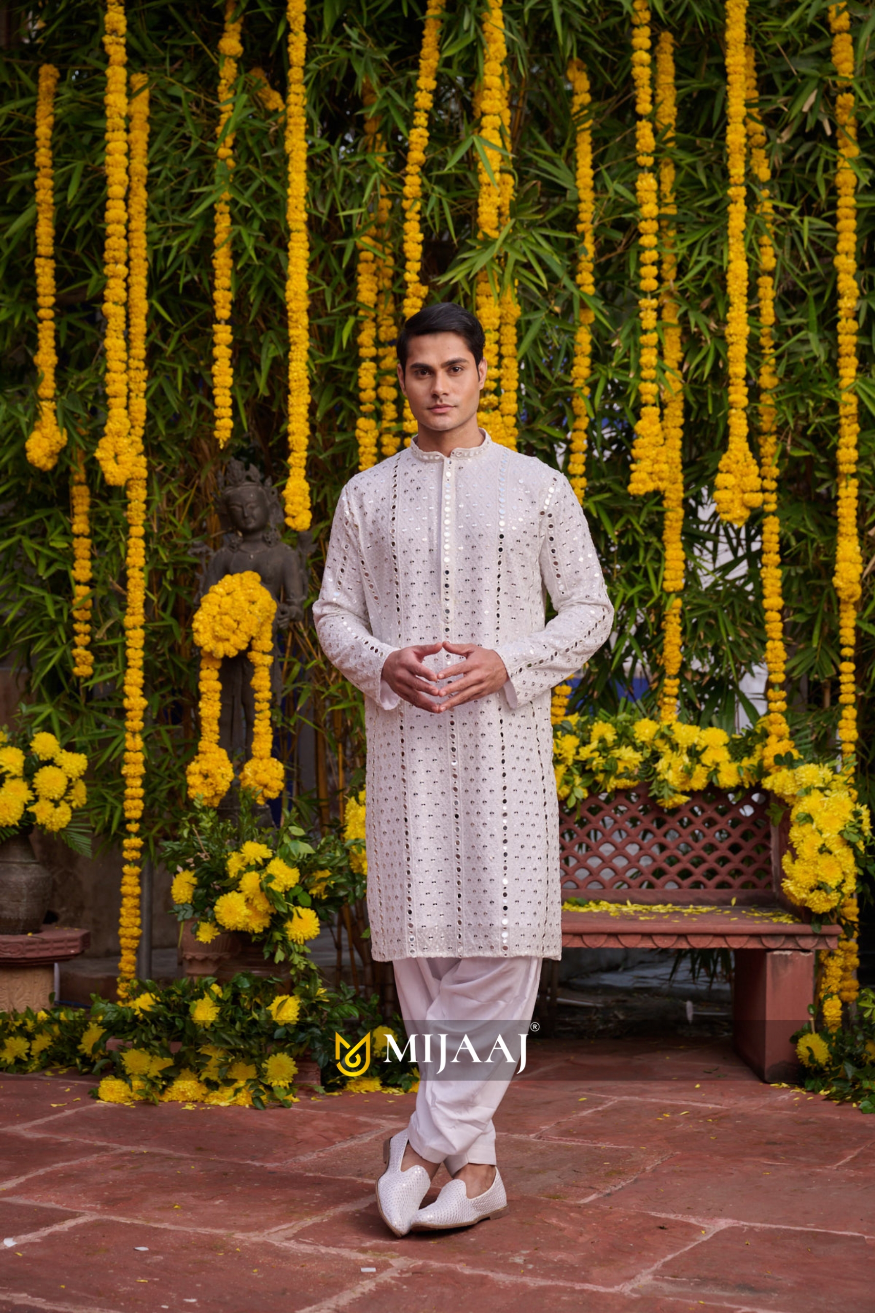 White Georgette With Sequins Mirror Work Embroidery kurta Set