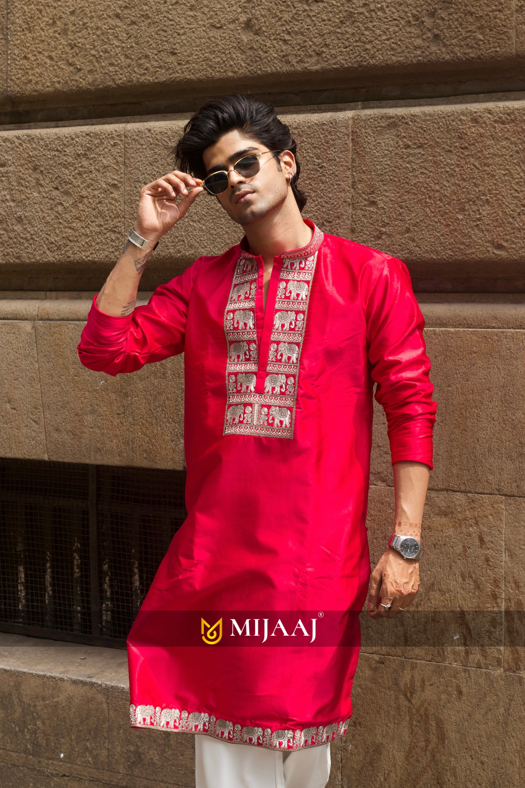 Men's Pink Satin Silk Kurta Set with Zari & Sequin Embroidery