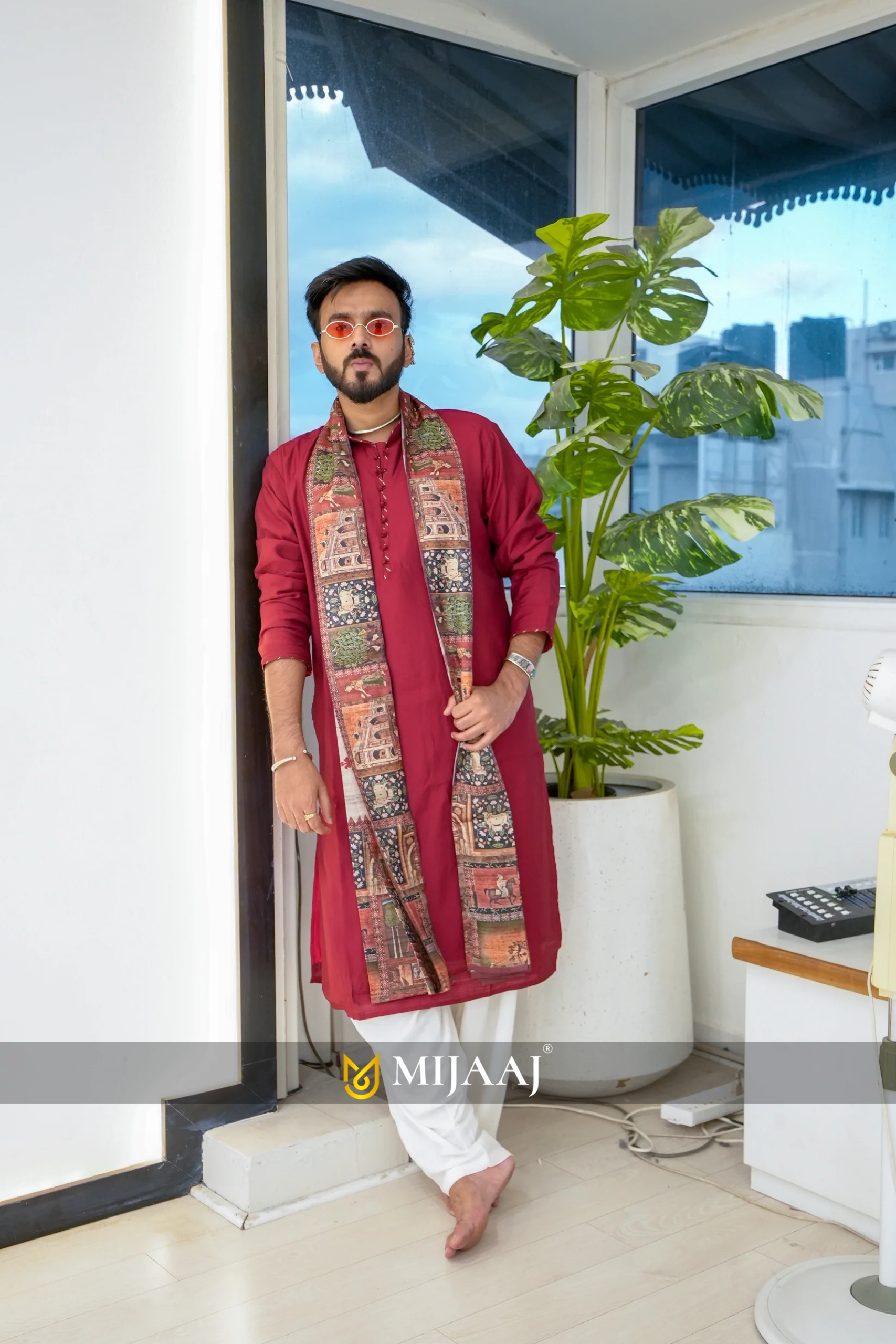 Men’s Maroon Sigma Silk Kurta Set with Digital Print Dupatta