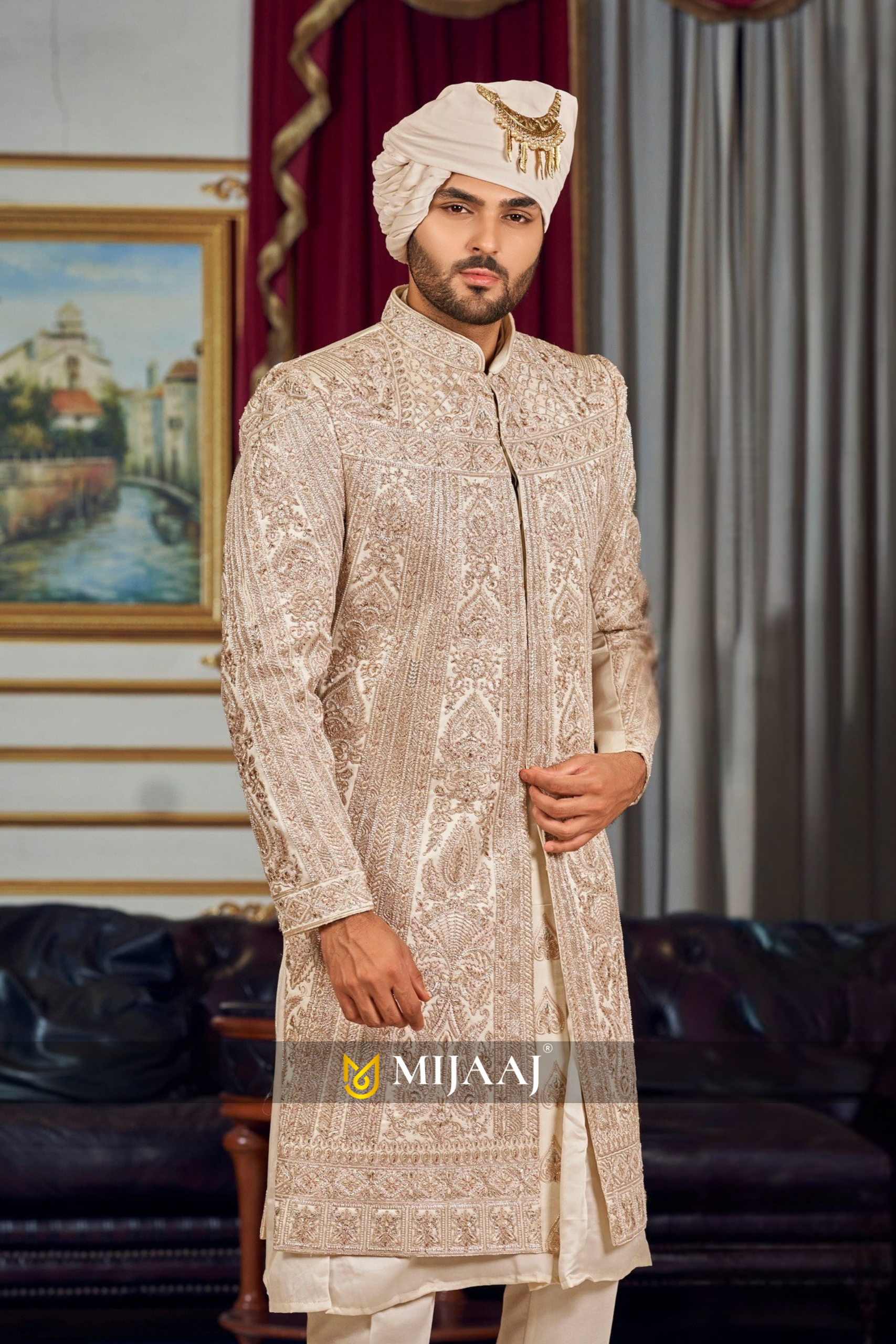 Designer Thread Embroidered Beige color Silk Sherwani for Groom