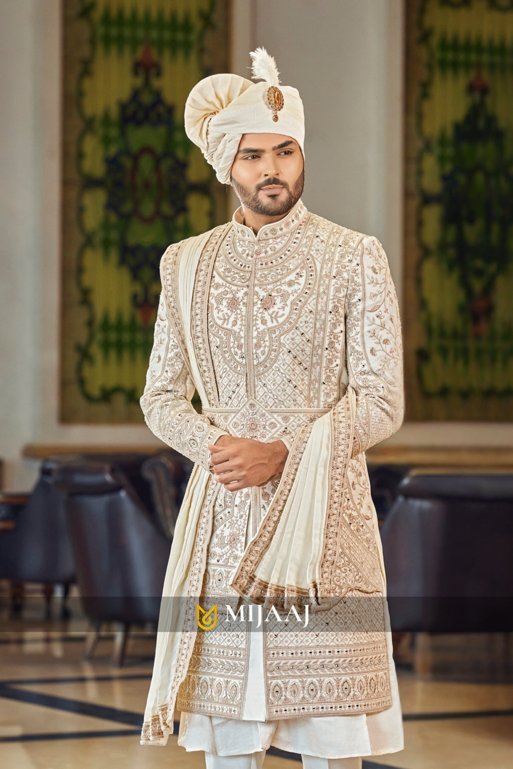 Gold Ivory Carved Panel Embroidered Sherwani