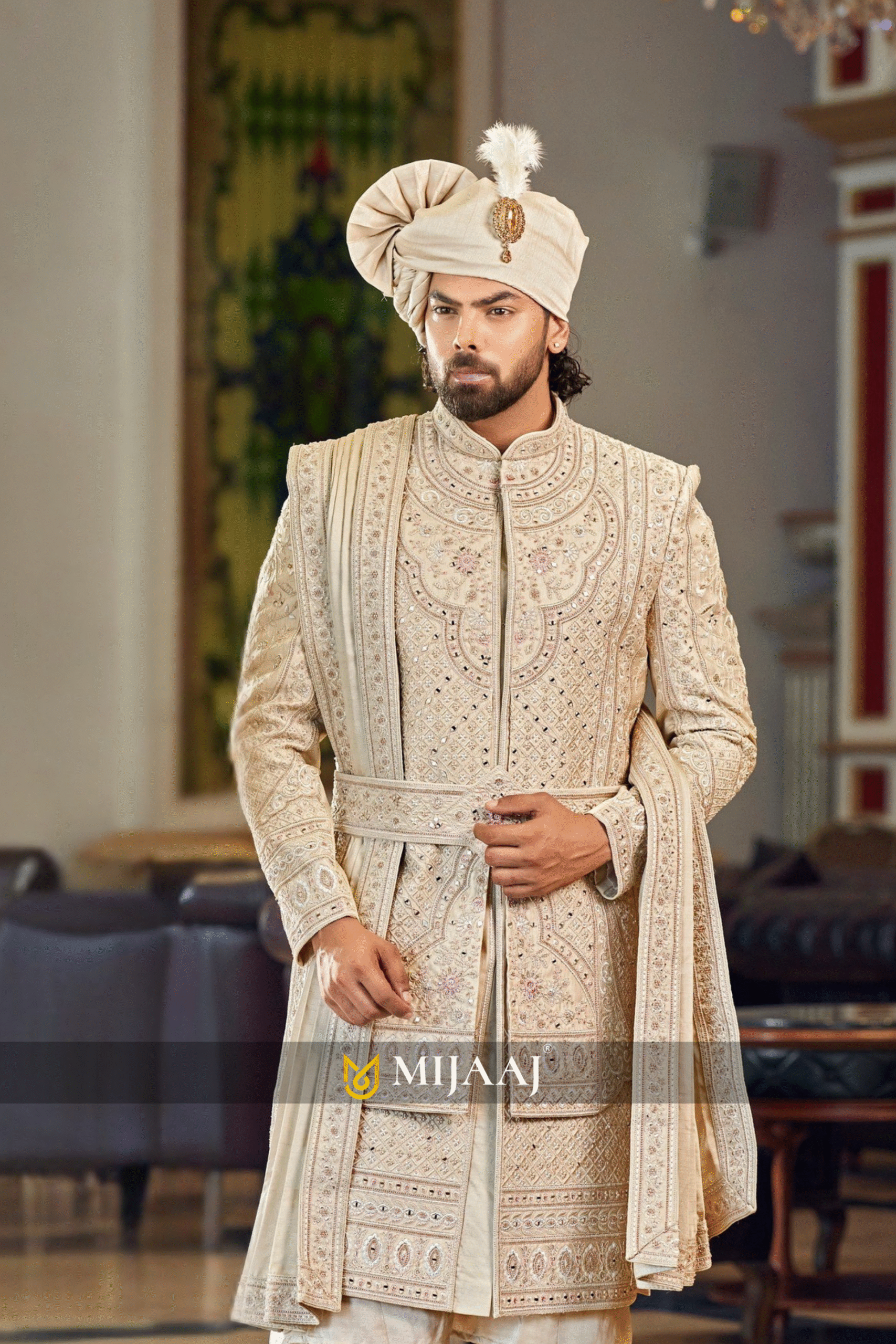 Gold Carved Panel Embroidered Sherwani with Belt