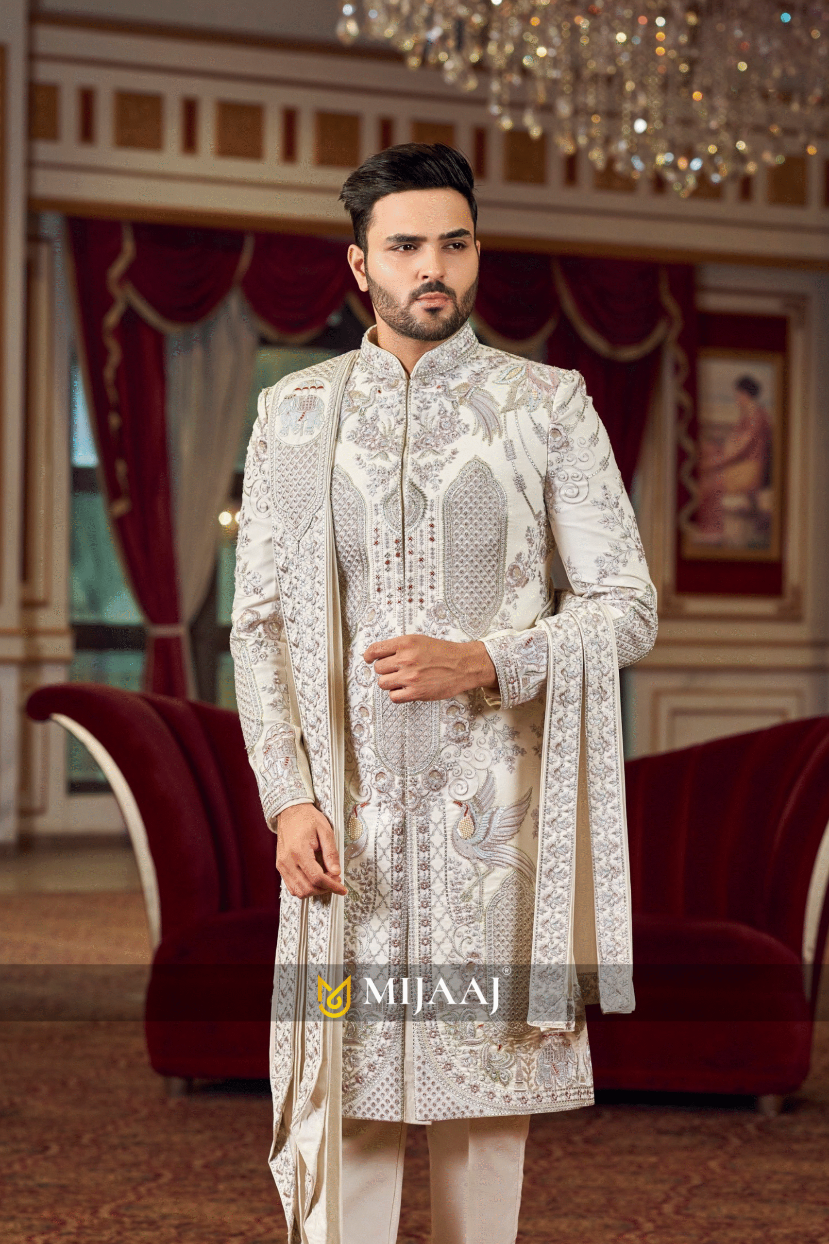 Majestic Ivory Swan Motif Embroidered Sherwani