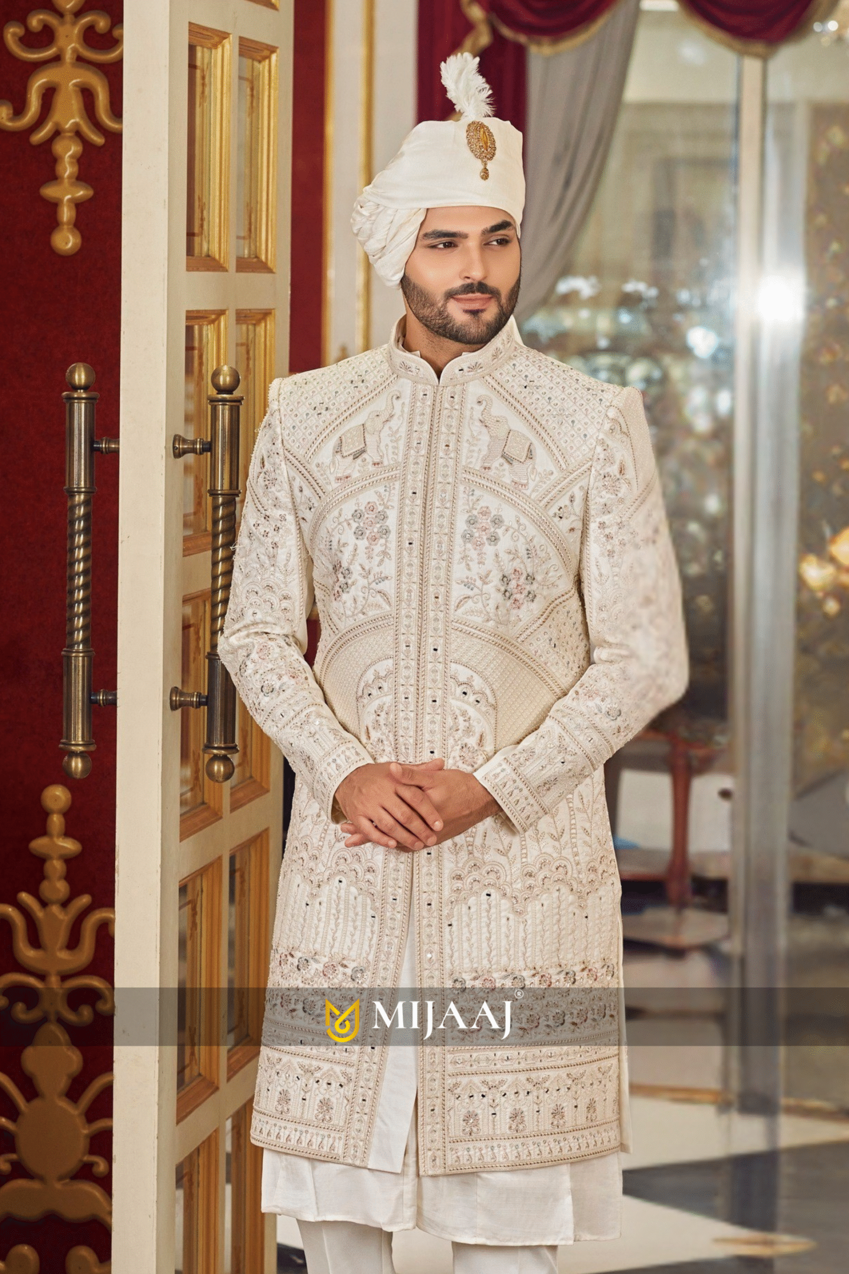 Ivory Mughal Elephant Motif Royal Sherwani