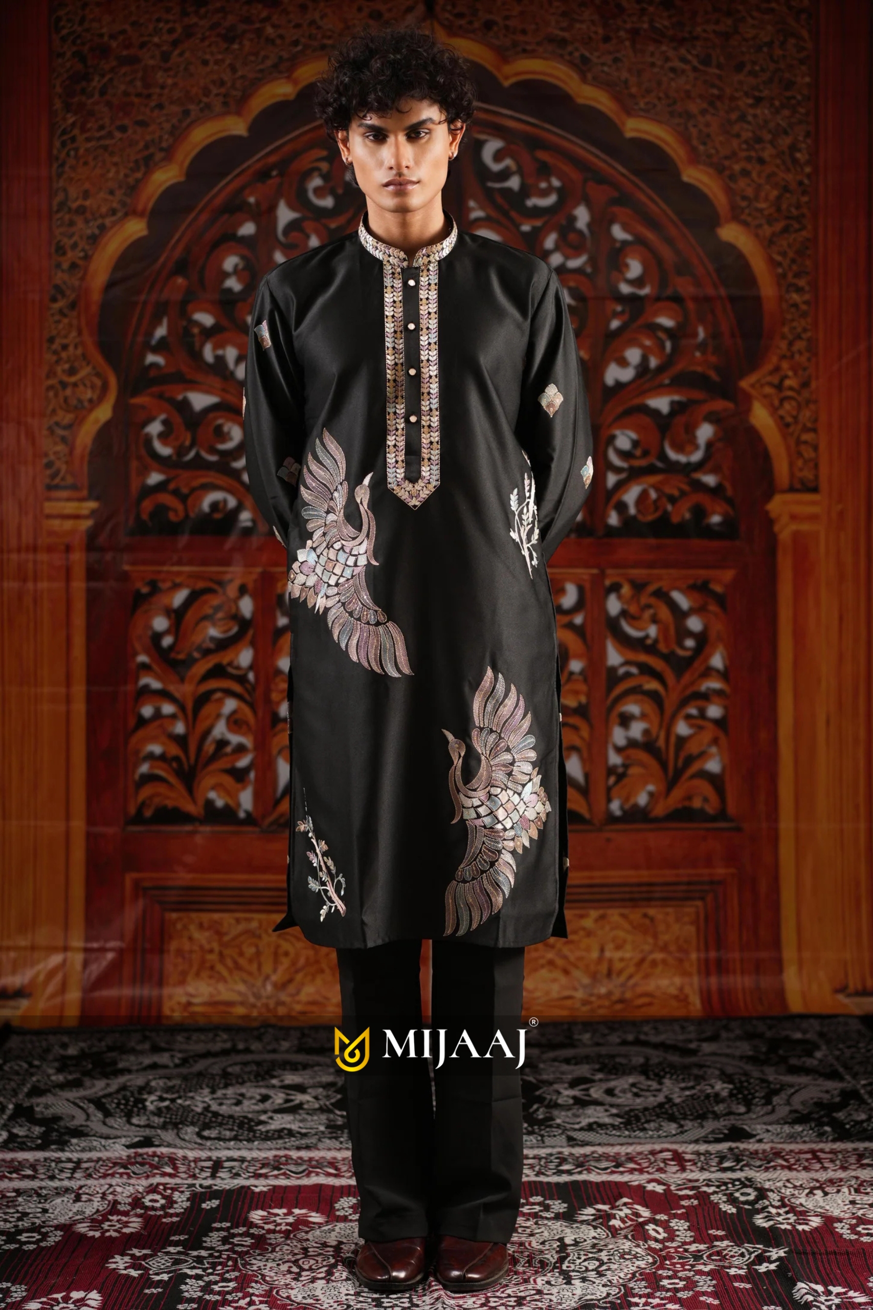 Men's Black Satin Silk Kurta with Golden Zari & Multicolour Embroidery Set