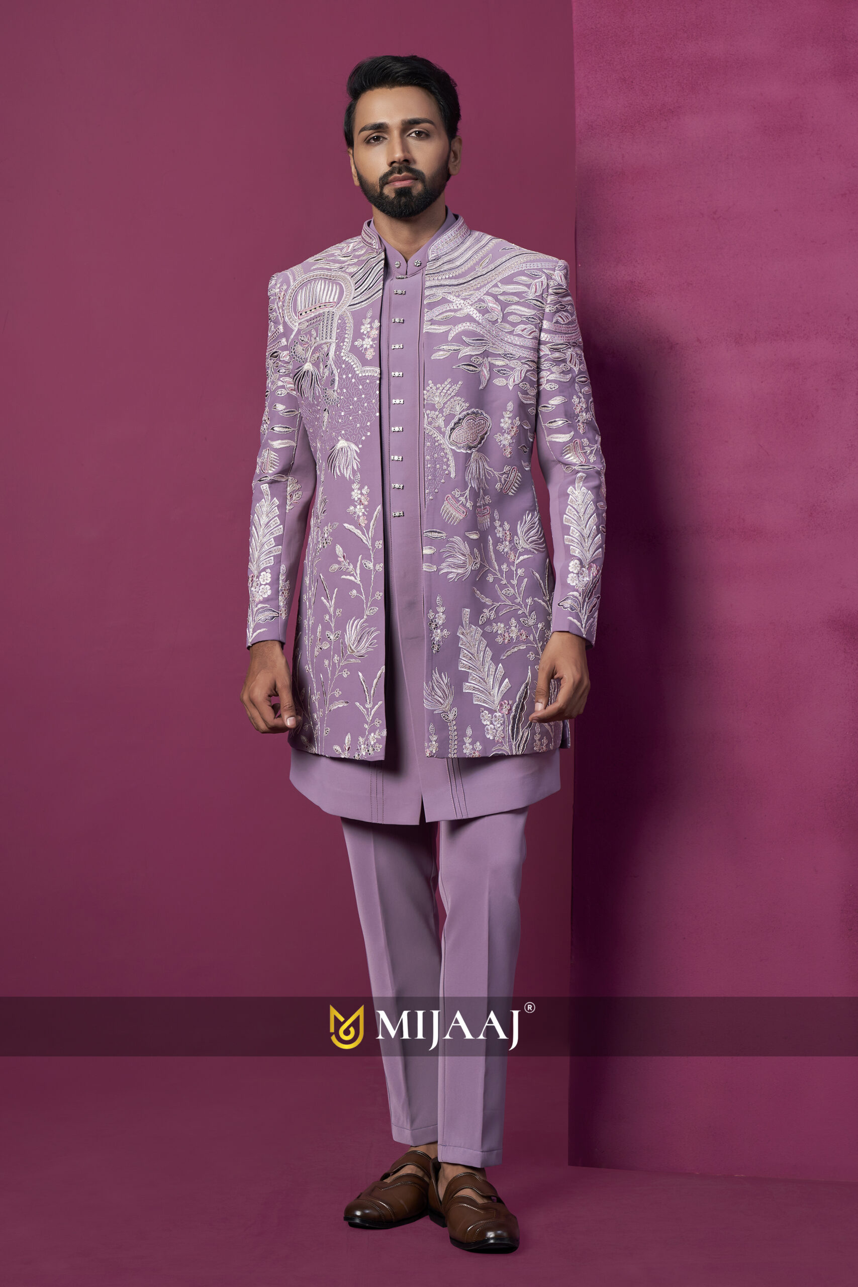 Lavender Majesty Hand-Embroidered Indo-Western