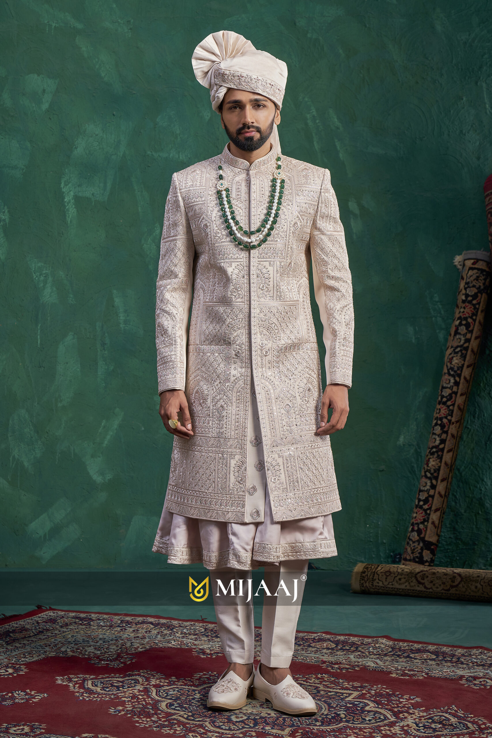 Ivory Textured Royal Embroidered Sherwani