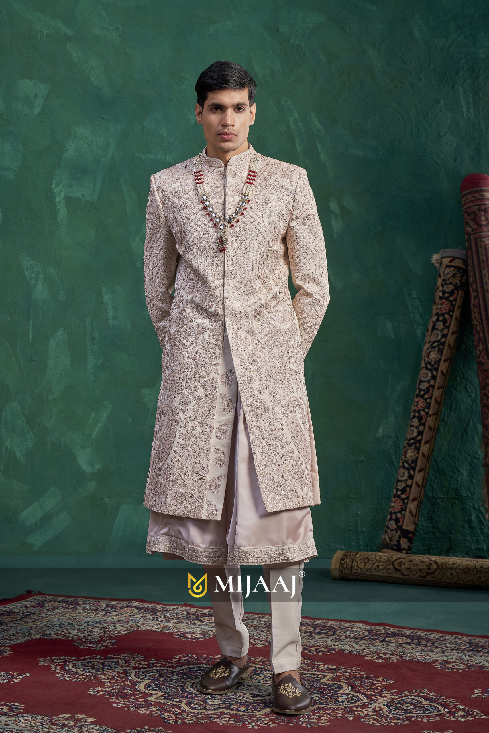 Champagne Textured Heritage Embroidered Sherwani