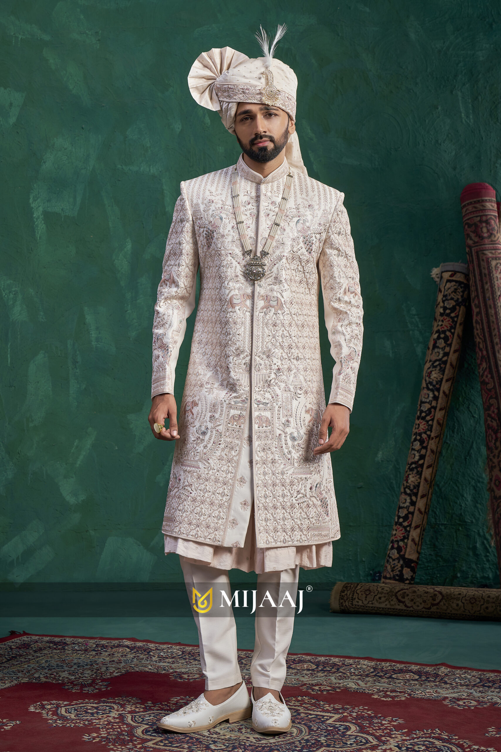 Champagne Peacock Motif Majestic Sherwani