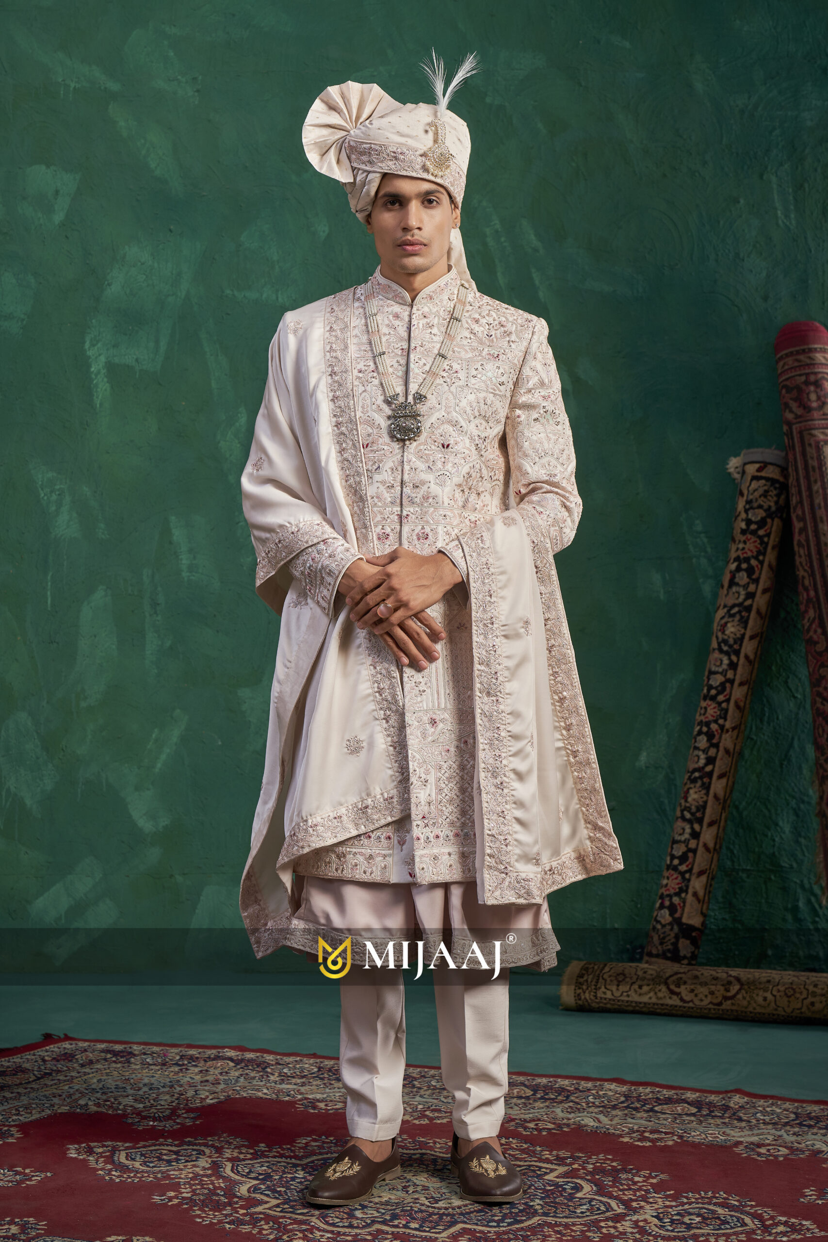 Pearl White Handcrafted Heritage Sherwani for Groom