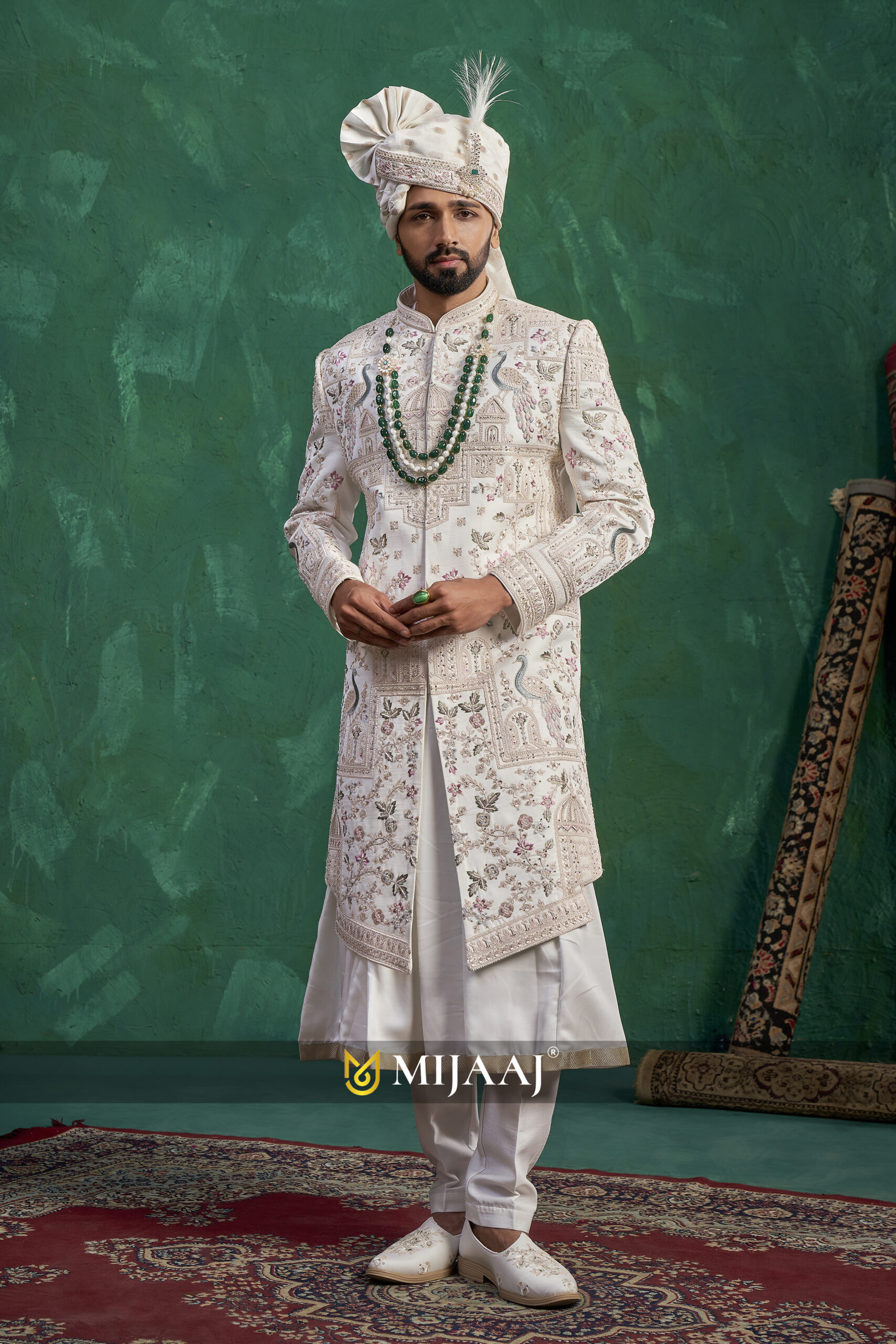 Pearl Ivory Floral Zari-Work Sherwani