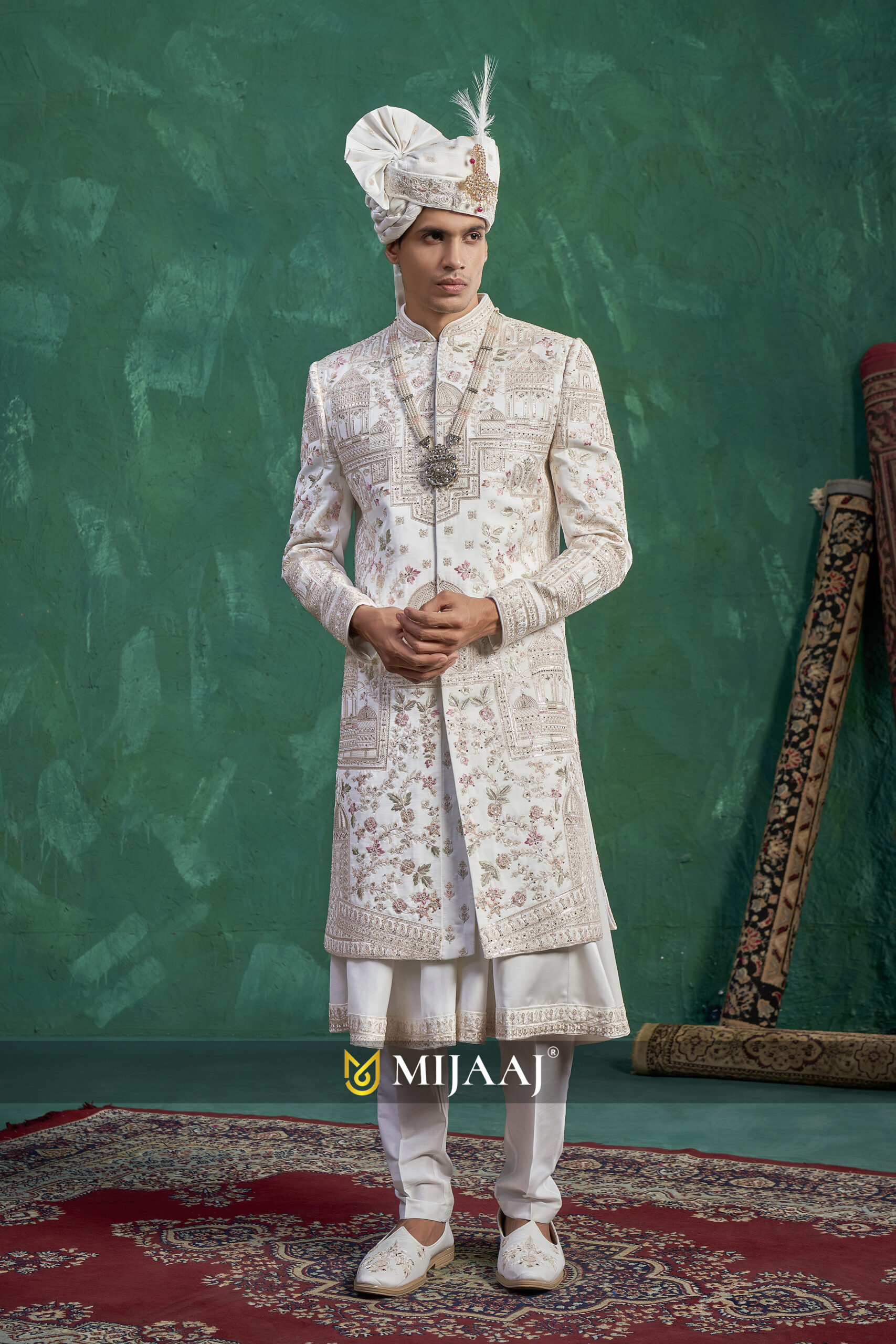 Ivory Mughal Garden Floral Embroidered Sherwani